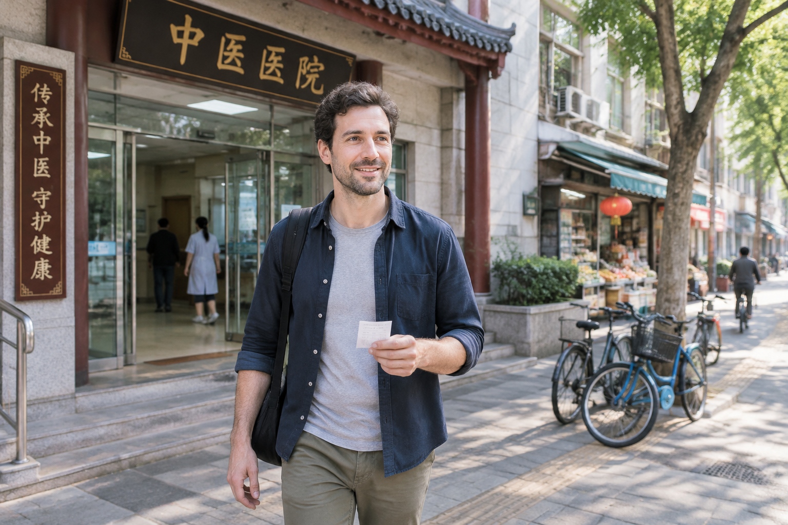 How to See a TCM Doctor in China as a Foreigner: What Acupuncture Costs, Which Cities to Pick, and What to Skip 25 A foreign patient leaving a public TCM hospital in Shanghai with a receipt after acupuncture treatment