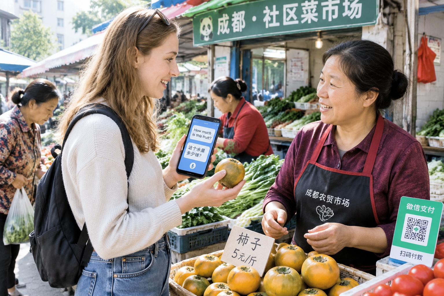 One Year of Visa-Free Entry: What the Numbers Quietly Reveal 23 Foreign tourist using a translation app to communicate with a vegetable vendor at a Chengdu community wet market, with local shoppers nearby.