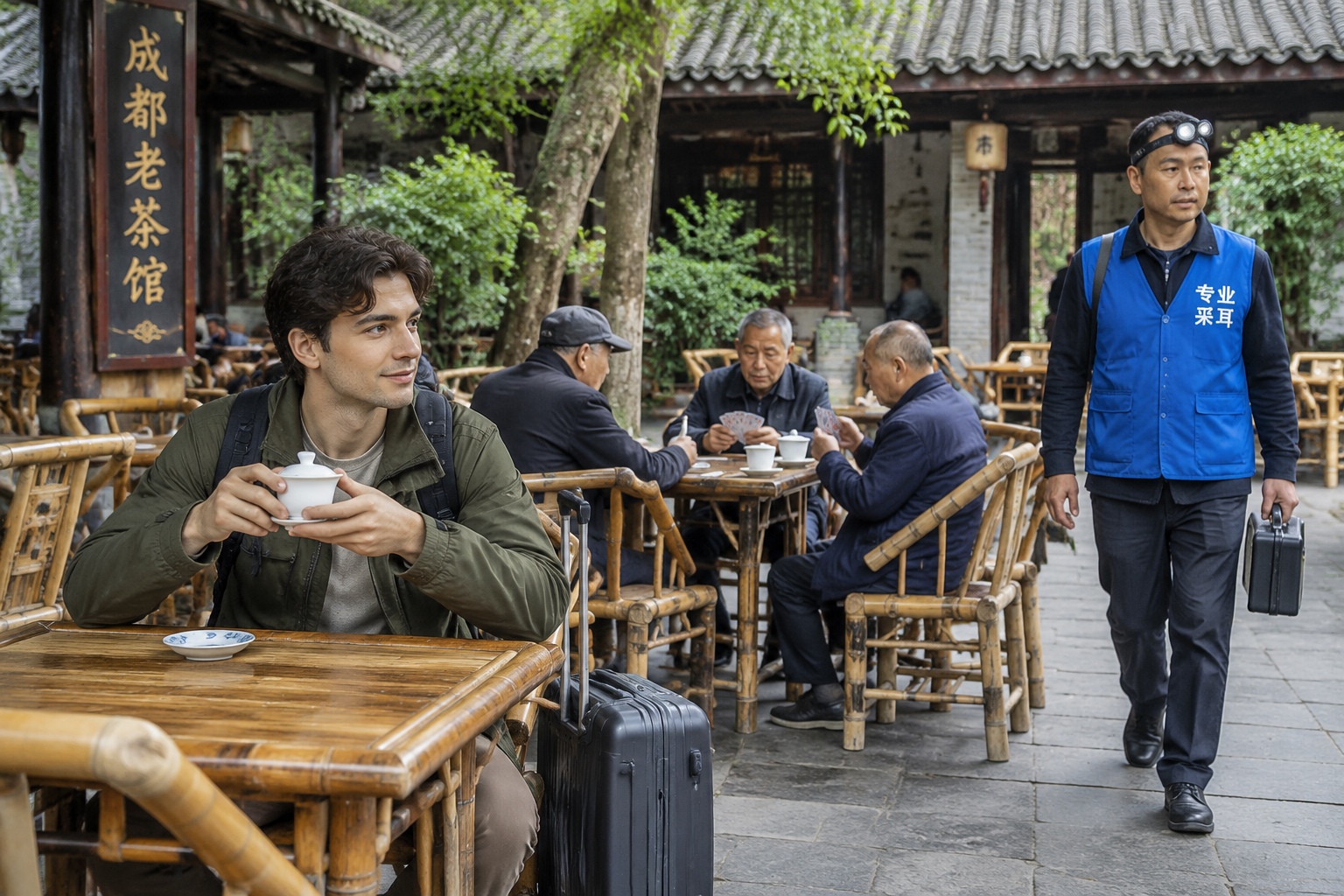 The Street-Level Effect of Visa-Free Transit: How a Connecting Flight Leads Travelers to Chengdu Teahouses and Xi'an Night Markets 22 A traveler with a suitcase sits in a low bamboo chair at a Chengdu teahouse, holding a covered gaiwan cup while older men play cards at the next table