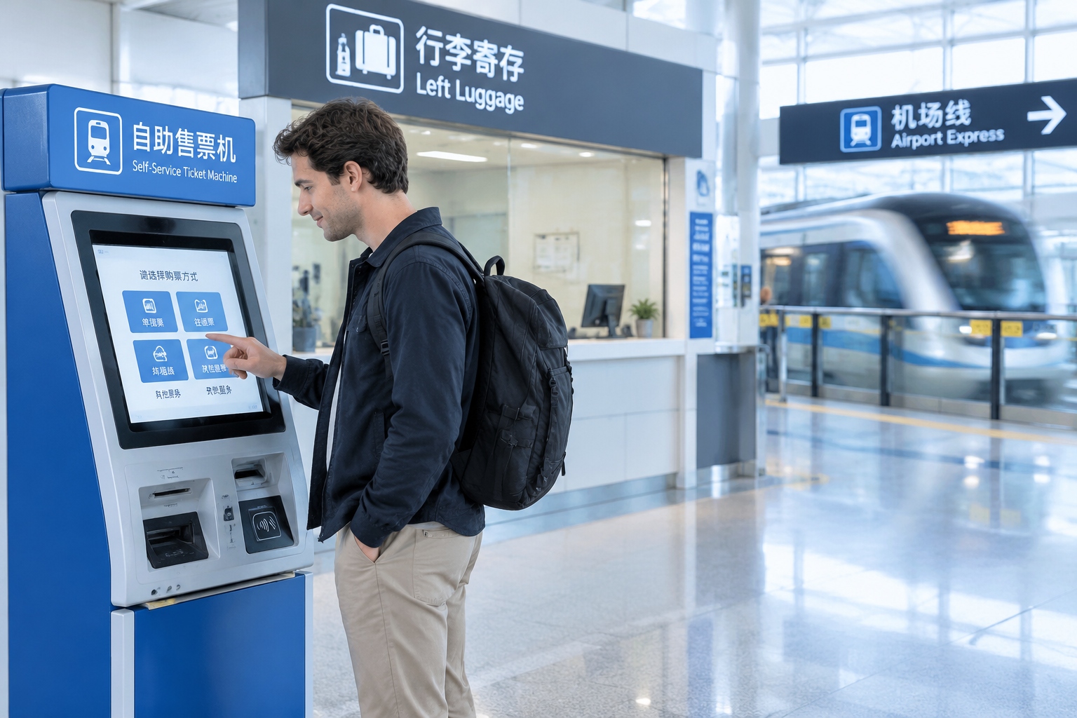 The Street-Level Effect of Visa-Free Transit: How a Connecting Flight Leads Travelers to Chengdu Teahouses and Xi'an Night Markets 23 A traveler with a backpack uses a self-service ticket machine at a Chinese airport metro station, with a left-luggage counter sign behind him