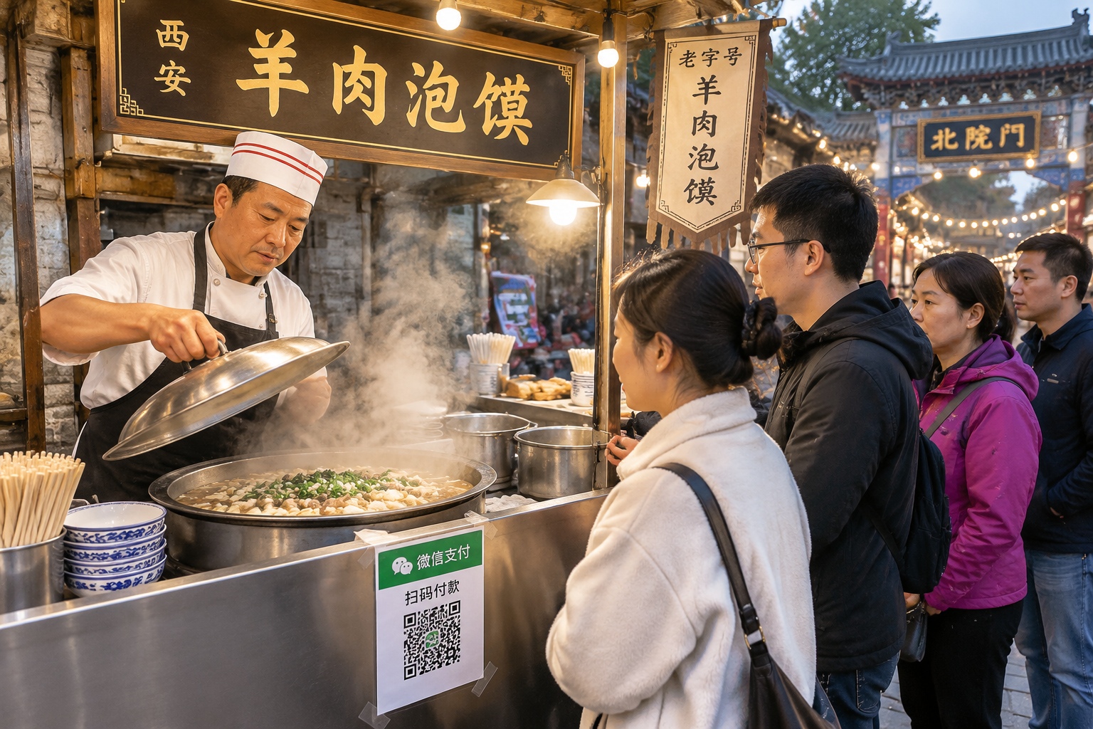The Street-Level Effect of Visa-Free Transit: How a Connecting Flight Leads Travelers to Chengdu Teahouses and Xi'an Night Markets 24 A street vendor in Xi'an's Beiyuanmen night market lifts the lid from a steaming pot beside a QR code payment sign as customers queue