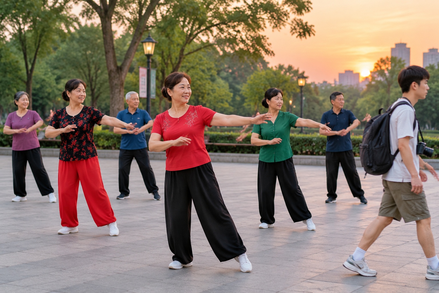 The Street-Level Effect of Visa-Free Transit: How a Connecting Flight Leads Travelers to Chengdu Teahouses and Xi'an Night Markets 25 Residents dance in loose rows in a Chengdu park at dusk as a young traveler with a backpack walks past the edge of the square