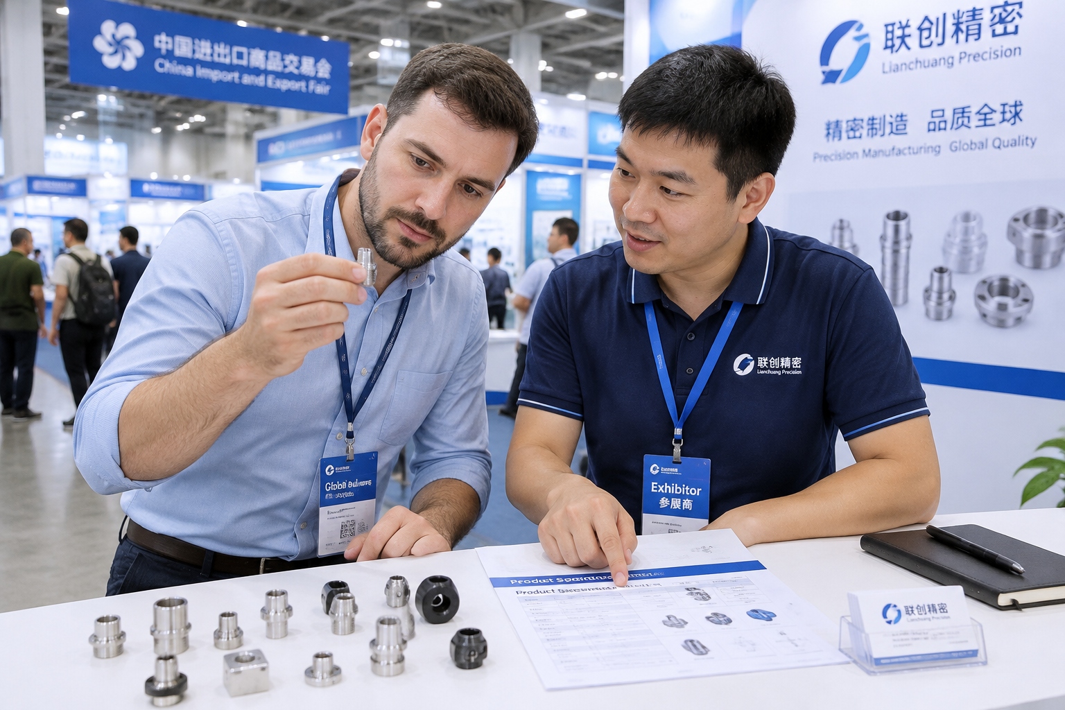 Not Here for the Sights: Why Foreigners Fly to China for Races and Trade Shows 22 Foreign buyer examining small manufactured parts at a Chinese trade fair booth while an exhibitor explains a spec sheet