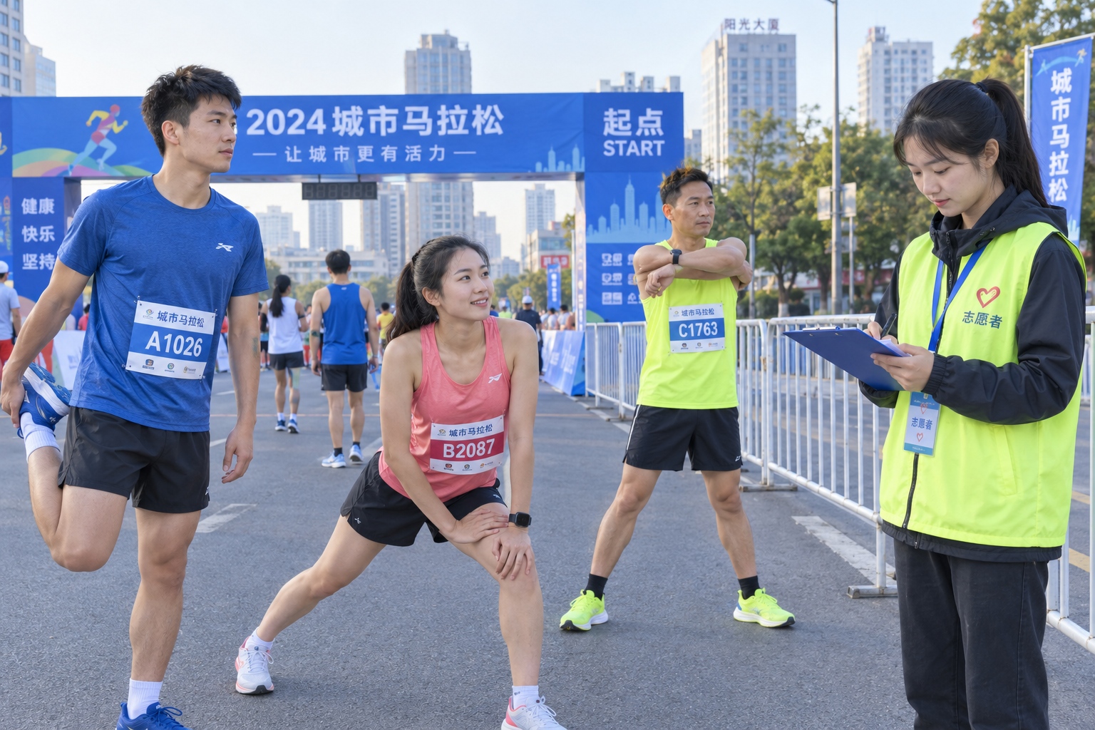 Not Here for the Sights: Why Foreigners Fly to China for Races and Trade Shows 23 Amateur runners warming up at a Chinese city marathon start line while a young volunteer checks a clipboard
