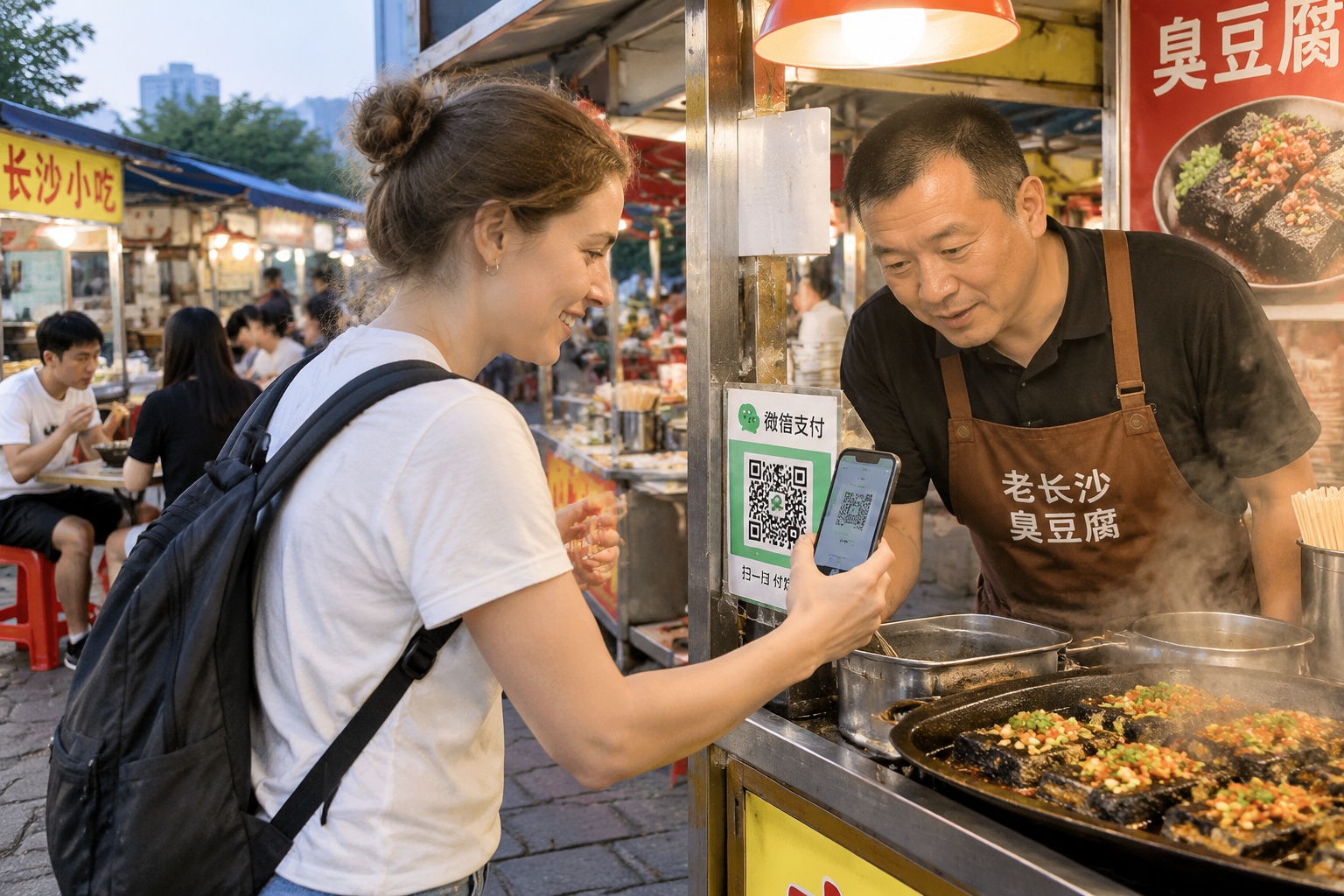 Not Here for the Sights: Why Foreigners Fly to China for Races and Trade Shows 24 Foreign visitor paying a street food vendor by scanning a QR code at an evening market in China