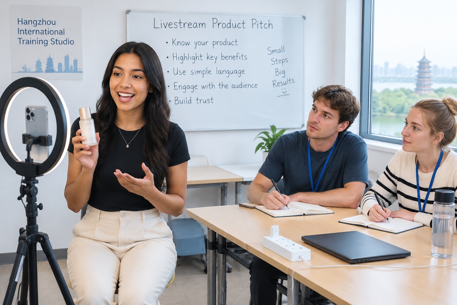 From Livestream E-commerce to EV Repair: Young Foreigners Take Short Training Courses in China 22 Young foreign student practicing livestream selling in a Hangzhou training classroom with ring light and phone tripod
