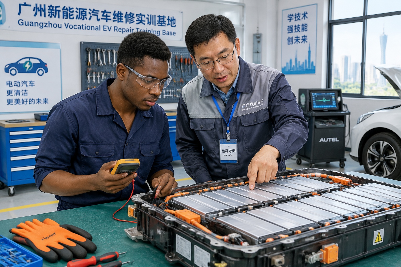 From Livestream E-commerce to EV Repair: Young Foreigners Take Short Training Courses in China 23 Foreign student learning to test EV battery cells with a multimeter in a Guangzhou repair training workshop