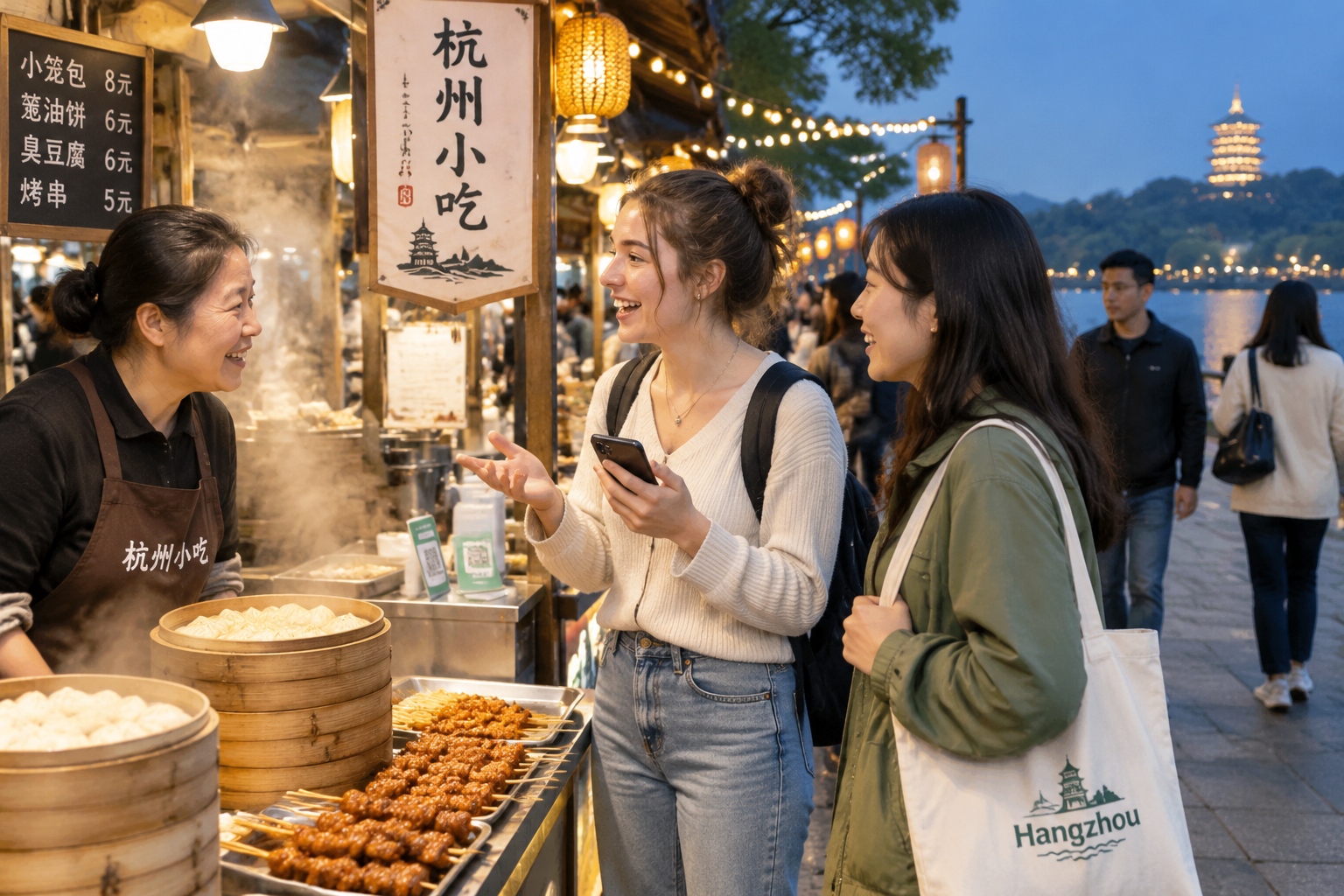From Livestream E-commerce to EV Repair: Young Foreigners Take Short Training Courses in China 25 Foreign students exploring a Hangzhou night market and talking with a local vendor after class