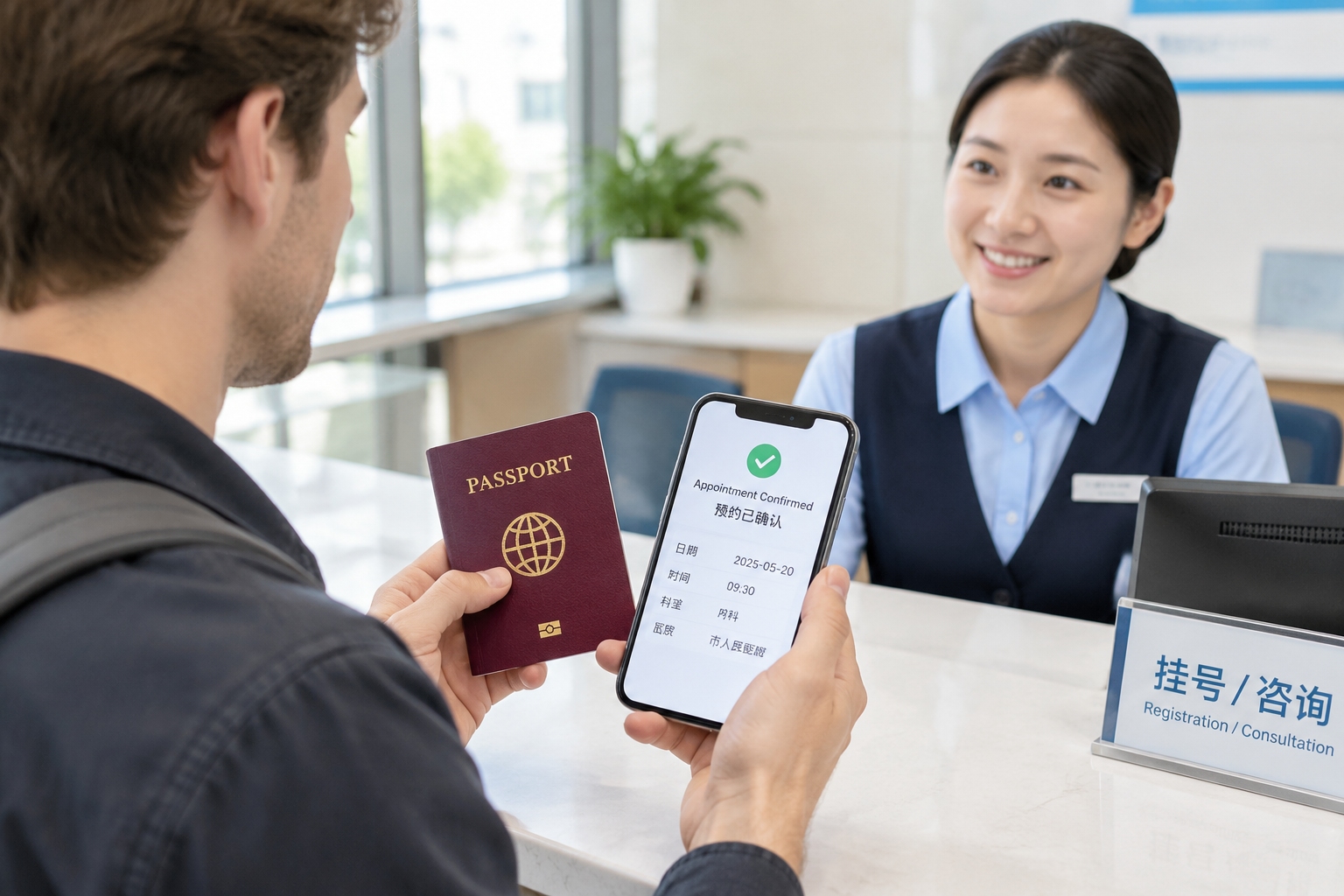 A foreign traveler holds a passport and phone with an appointment confirmation at a hospital reception desk in China.