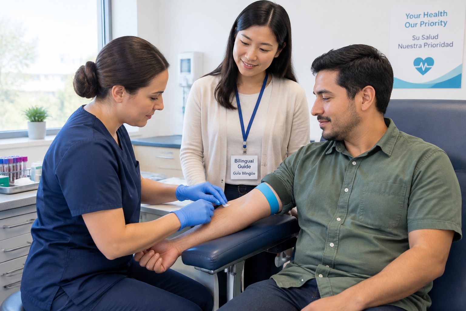 A phlebotomist prepares a blood draw for a foreign patient as an interpreter assists in a Chinese hospital clinic.