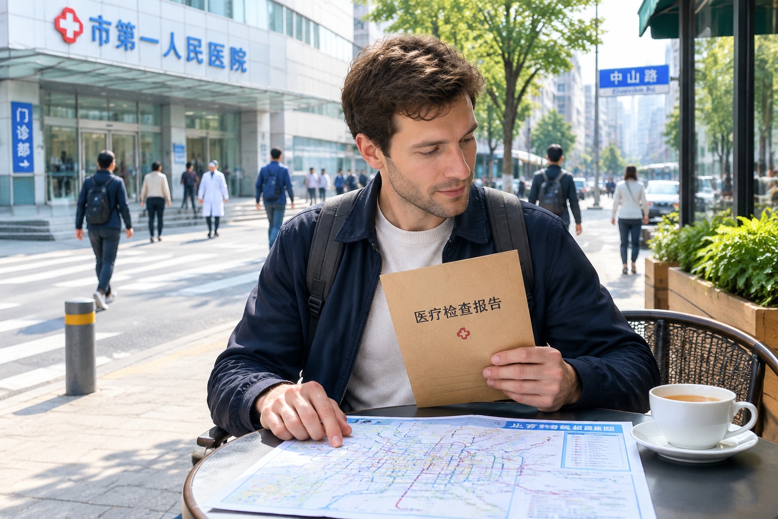 A foreign traveler leaves a Chinese hospital with a medical report envelope and stops at a city cafe after a morning health checkup.