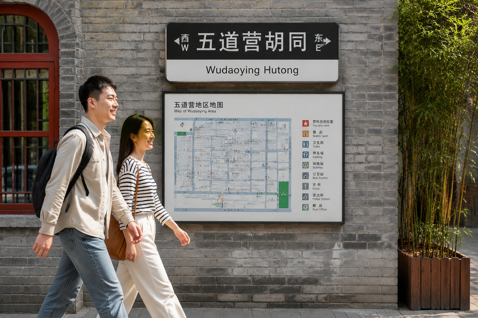 Bilingual Chinese street sign and city map on an ordinary urban street with pedestrians passing