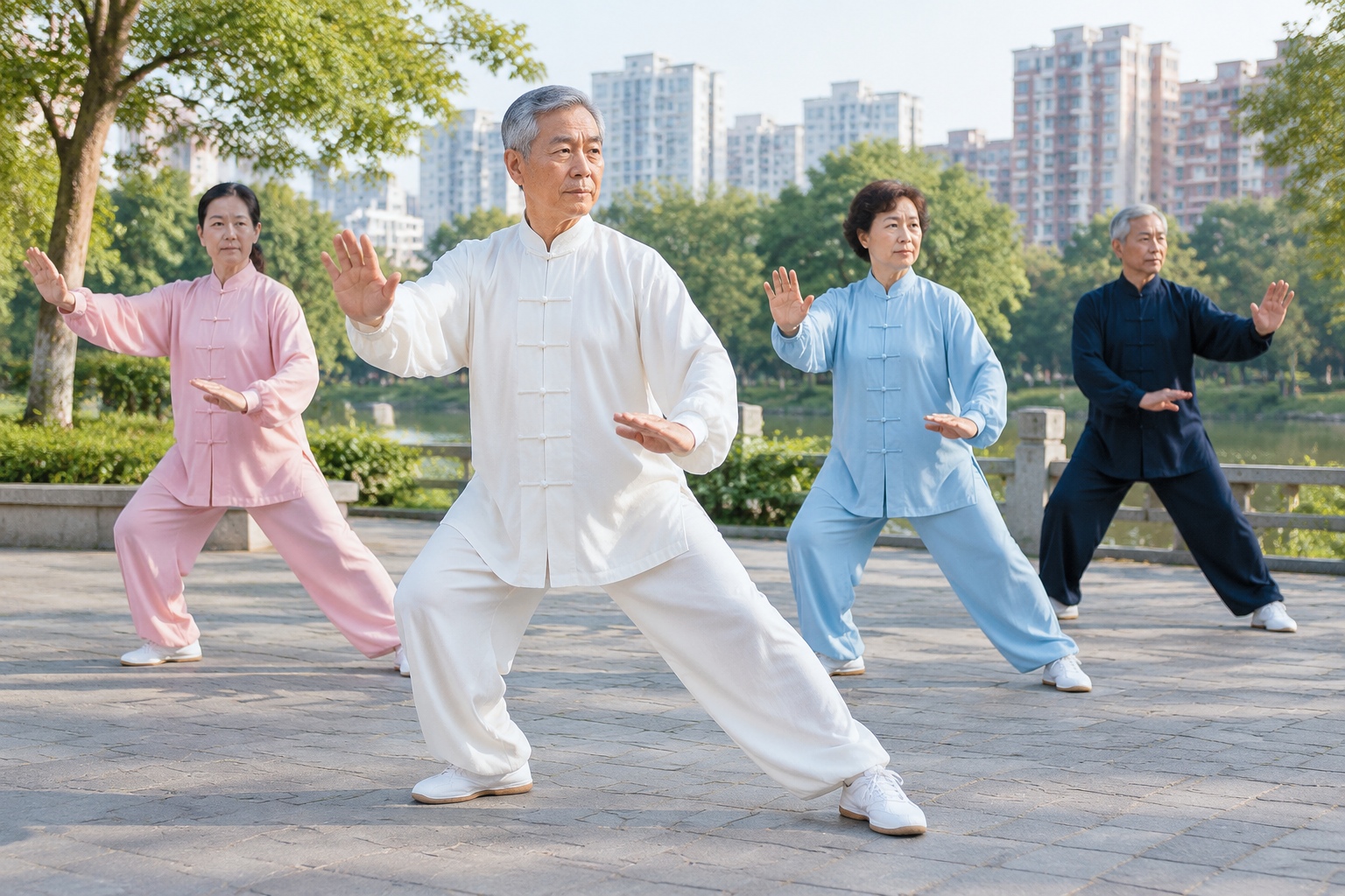 Older Chinese adults practicing tai chi together in a city park in the early morning