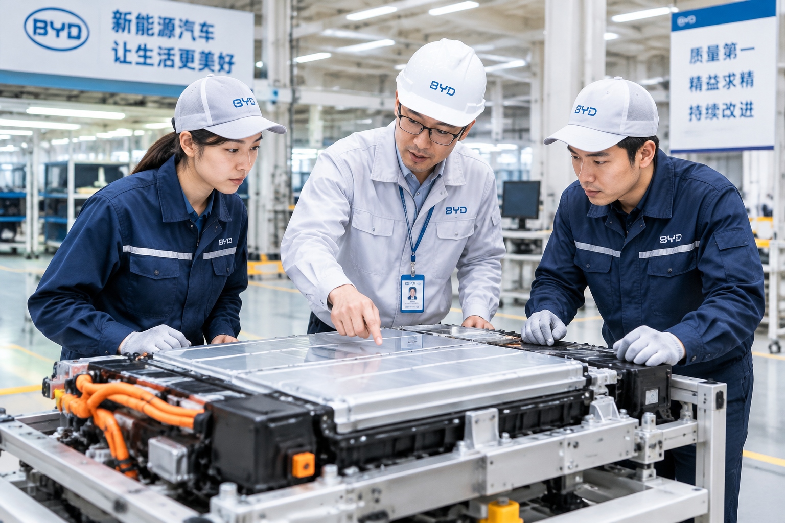 Factory workers and an engineer inspecting an electric vehicle component on a modern production line