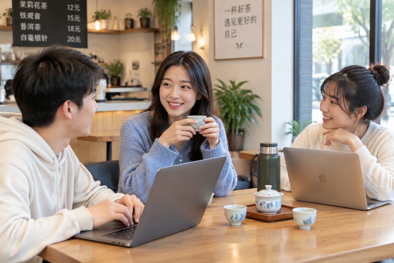 Young people chatting over hot water and laptops in a small Chinese cafe