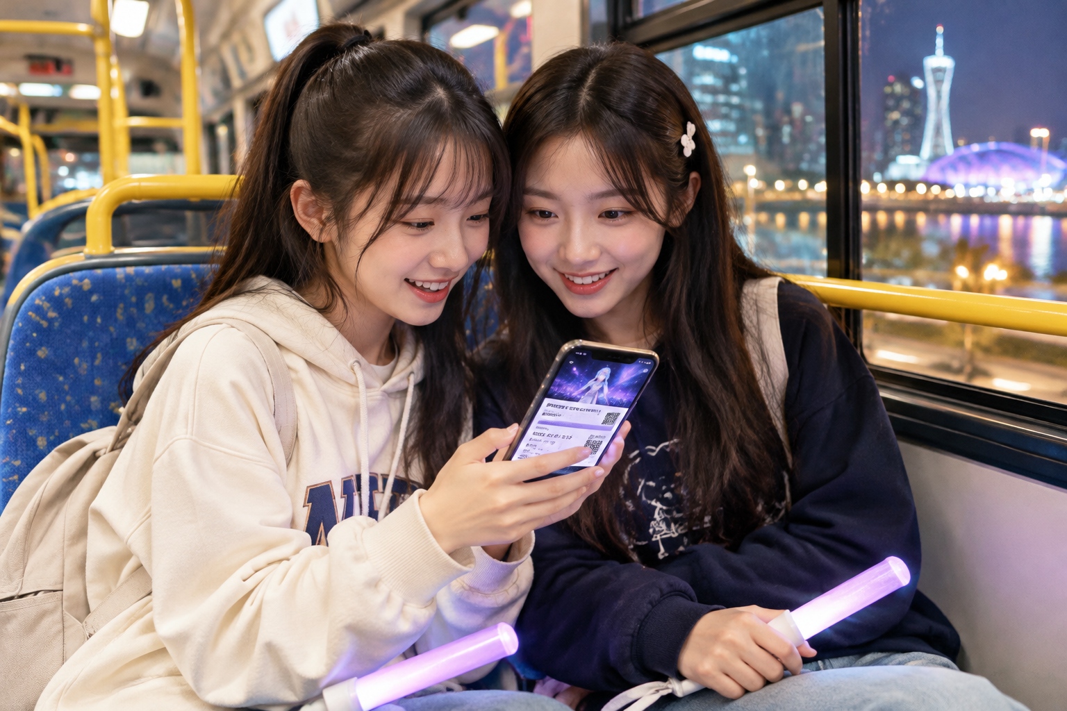 "Virtual Idols" Are Hosting Live Concerts. We Bought a Ticket. 22 Two young fans checking a virtual idol concert ticket on a phone while riding a city bus at night in Hangzhou, China.