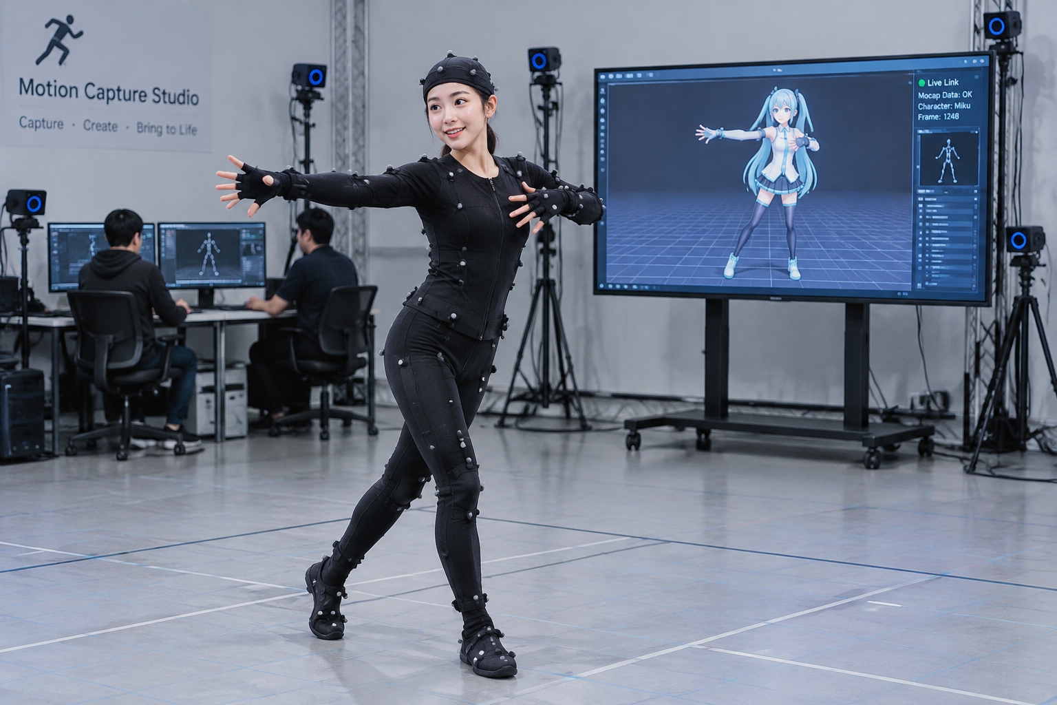 "Virtual Idols" Are Hosting Live Concerts. We Bought a Ticket. 23 A motion capture performer in a marker-covered suit animating a 3D virtual idol avatar shown on a studio monitor.