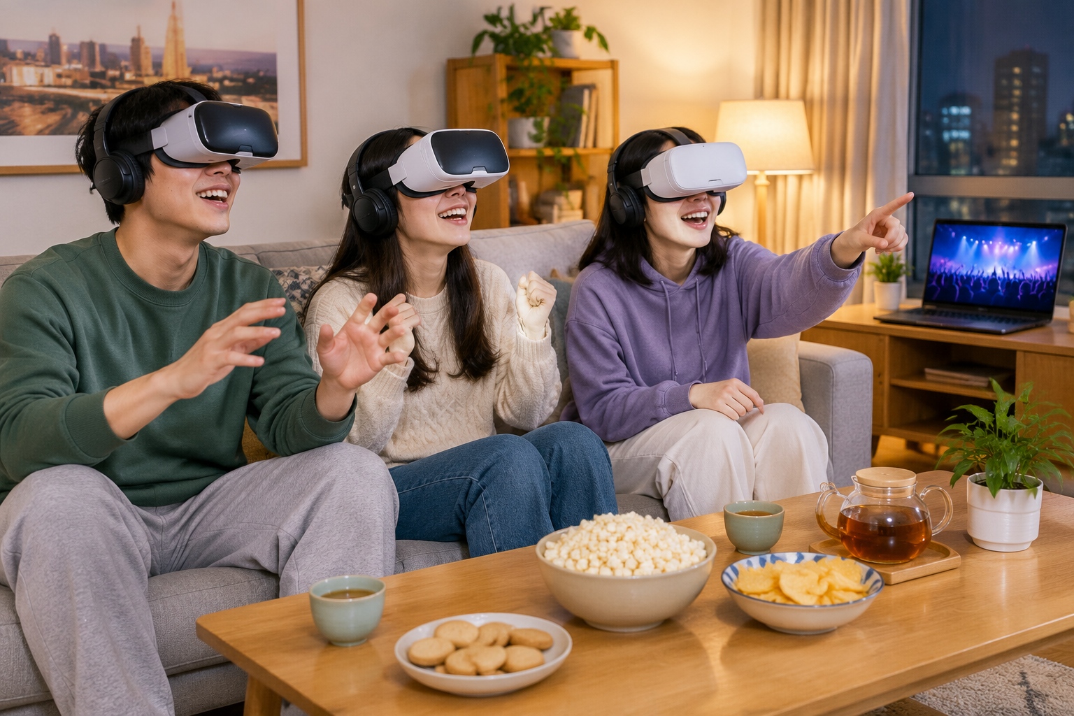 "Virtual Idols" Are Hosting Live Concerts. We Bought a Ticket. 24 Three friends in a Chinese apartment watching a virtual idol concert together through VR headsets and headphones.