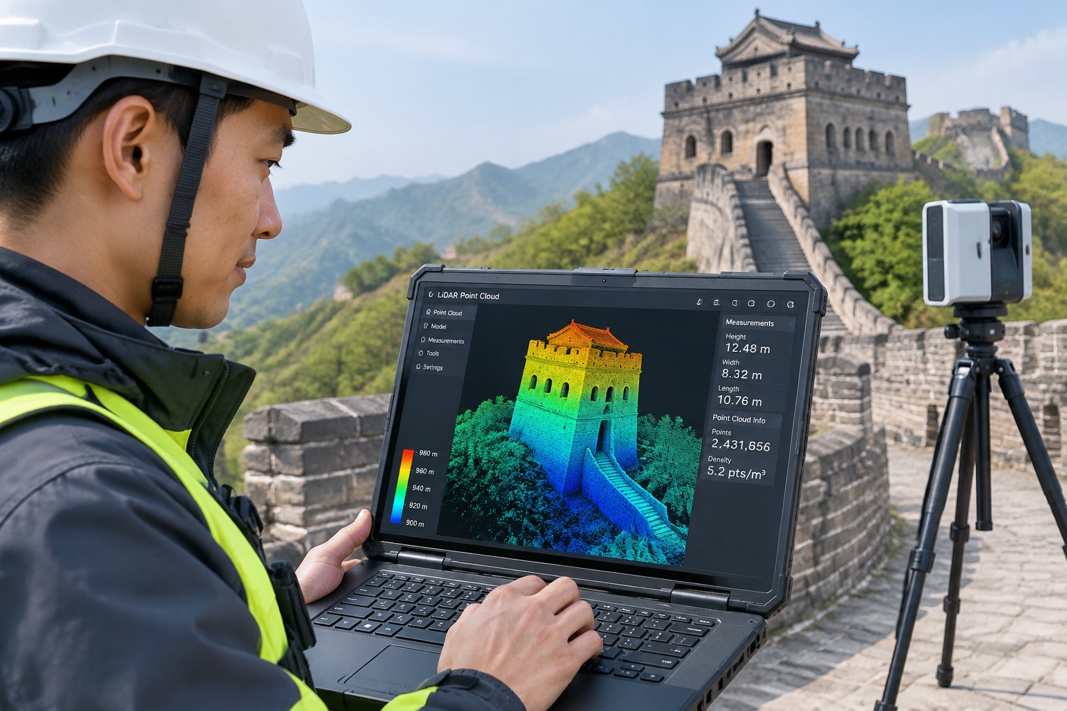 Saving History from Above: How Drones Are Mapping China's Great Wall 23 A technician reviewing a detailed 3D LiDAR point-cloud model of a Great Wall watchtower on site