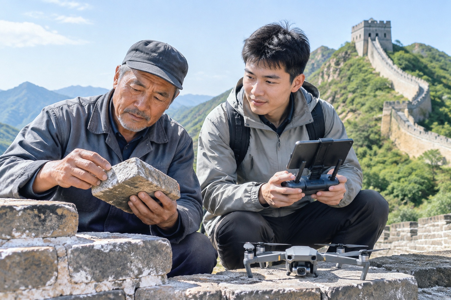 Saving History from Above: How Drones Are Mapping China's Great Wall 24 An older heritage craftsman and a younger drone technician working together on a Great Wall restoration site