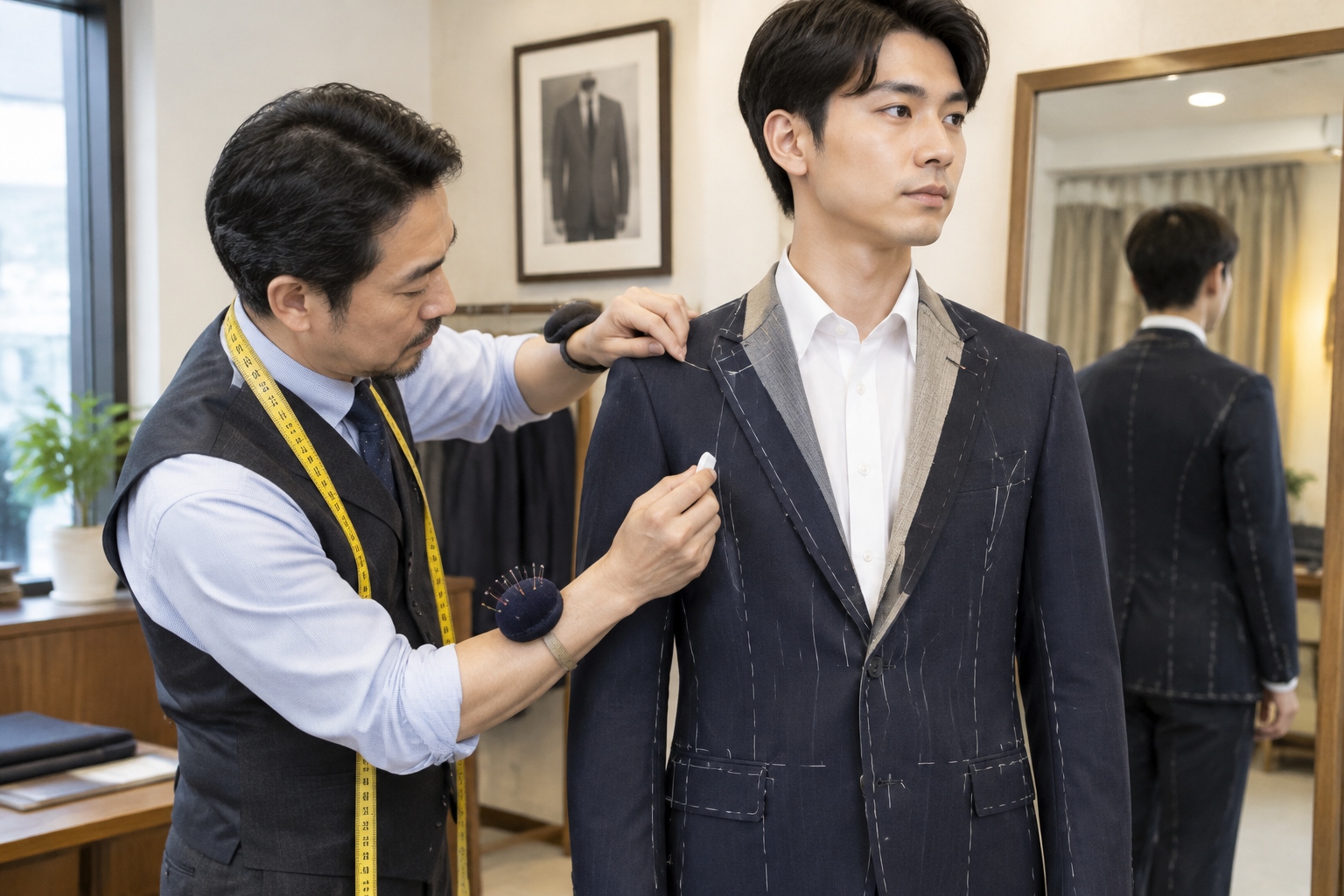 How to Get a Custom-Made Suit in Shanghai for the Price of a T-Shirt 24 A tailor pinning and adjusting a half-made suit jacket on a customer during a fitting in Shanghai