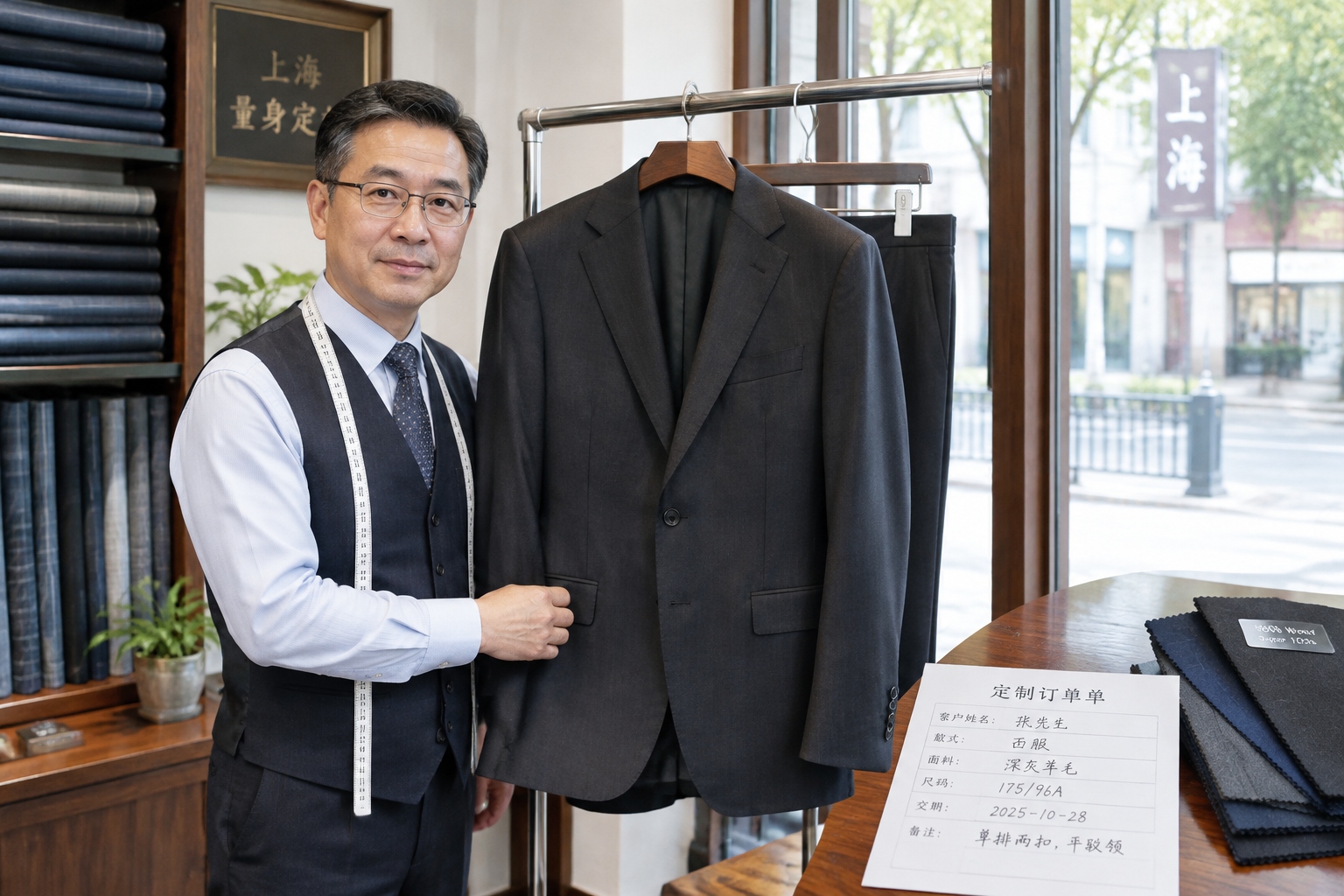How to Get a Custom-Made Suit in Shanghai for the Price of a T-Shirt 25 A finished custom wool suit on a rack beside a handwritten order slip in a Shanghai tailor shop