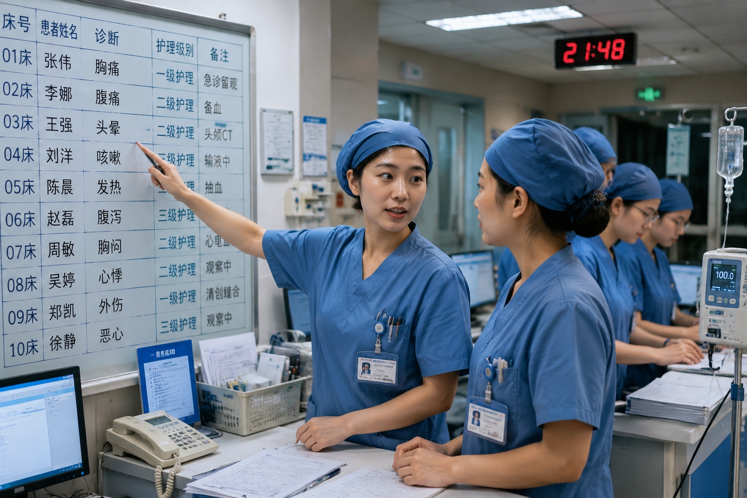 Night shift nurses at a Chinese hospital emergency triage desk reviewing a bed board in Nanjing at night