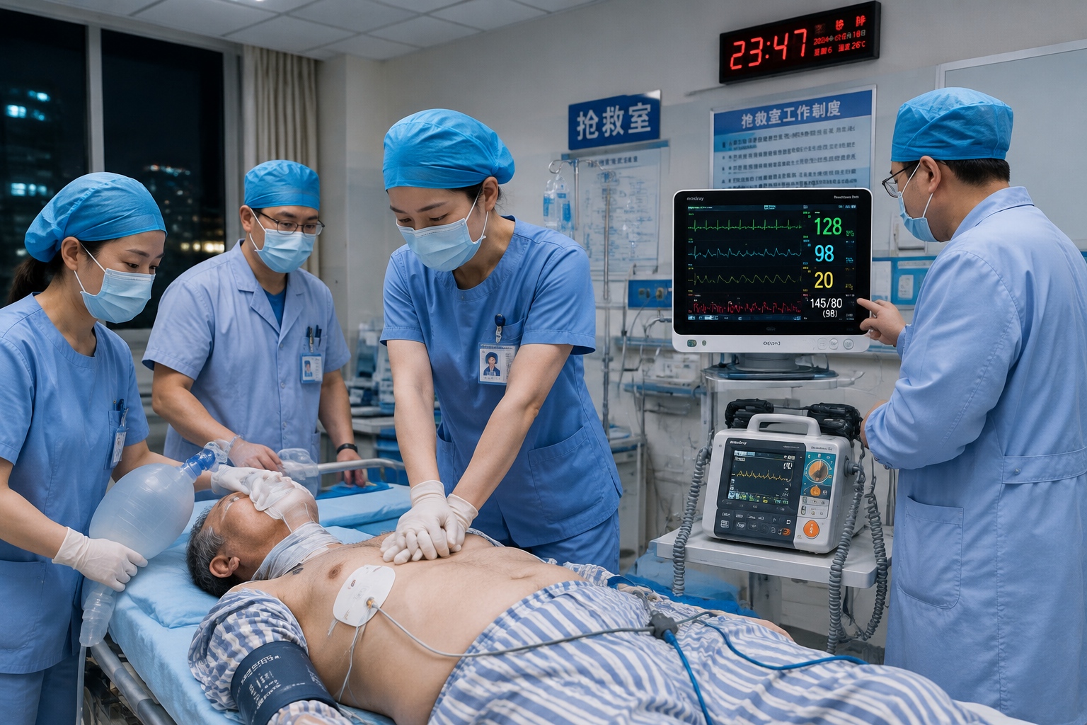 Emergency resuscitation team performing CPR on a cardiac arrest patient in a Chinese hospital at night