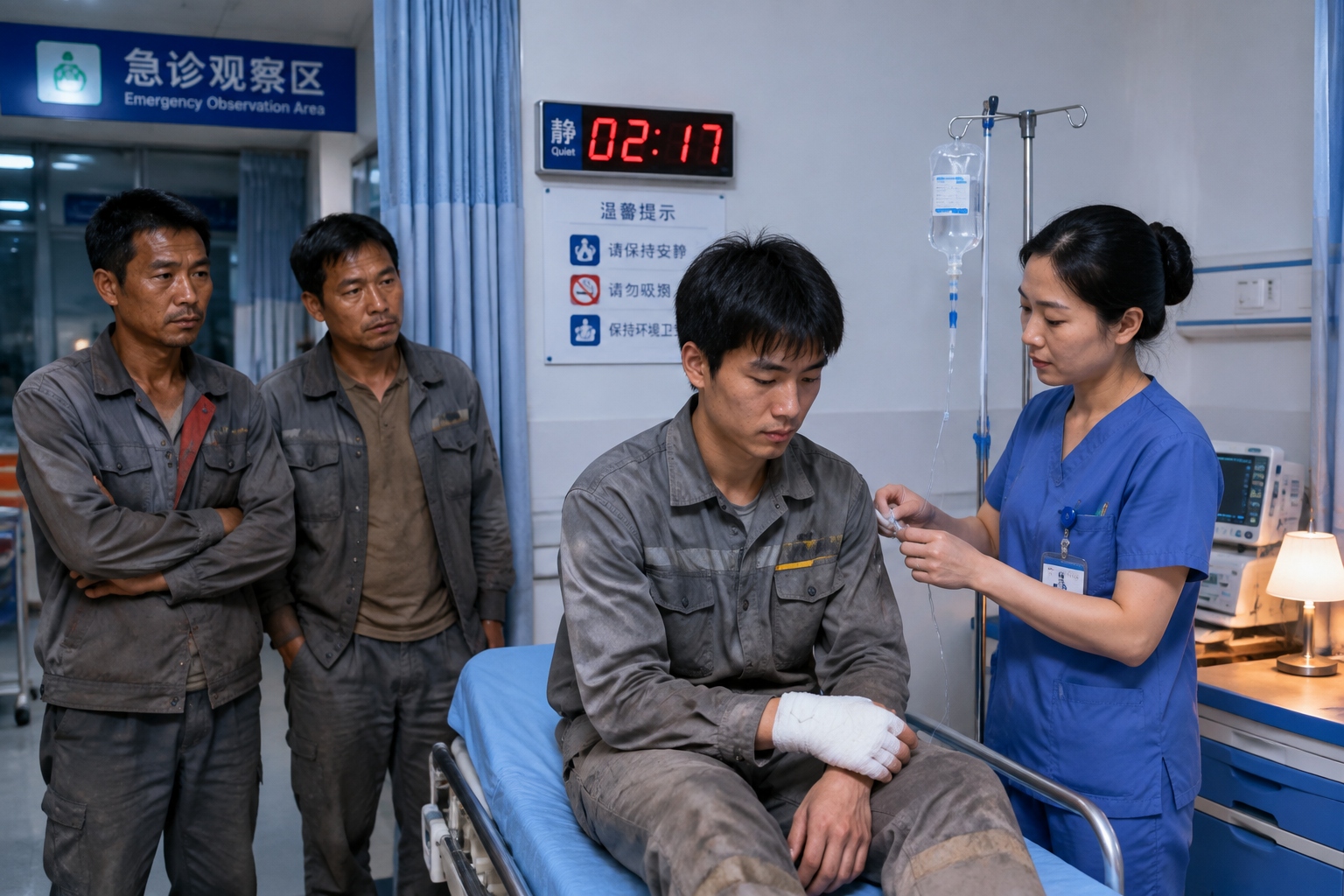 Emergency nurse checking a young factory worker with a bandaged injured hand in a Chinese hospital at night