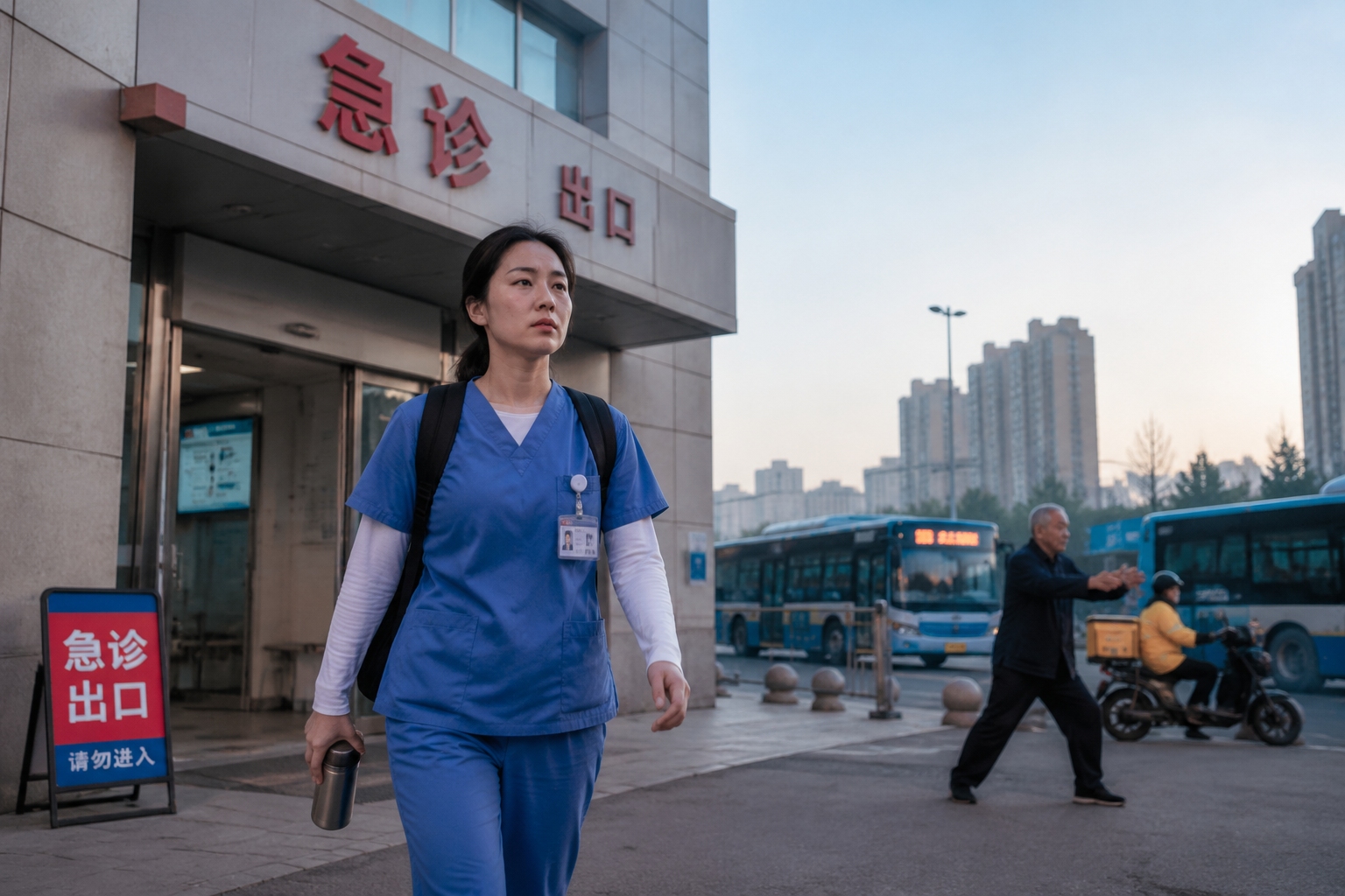Night shift nurse leaving the hospital gate at dawn in Nanjing, China, after a 12-hour emergency room shift