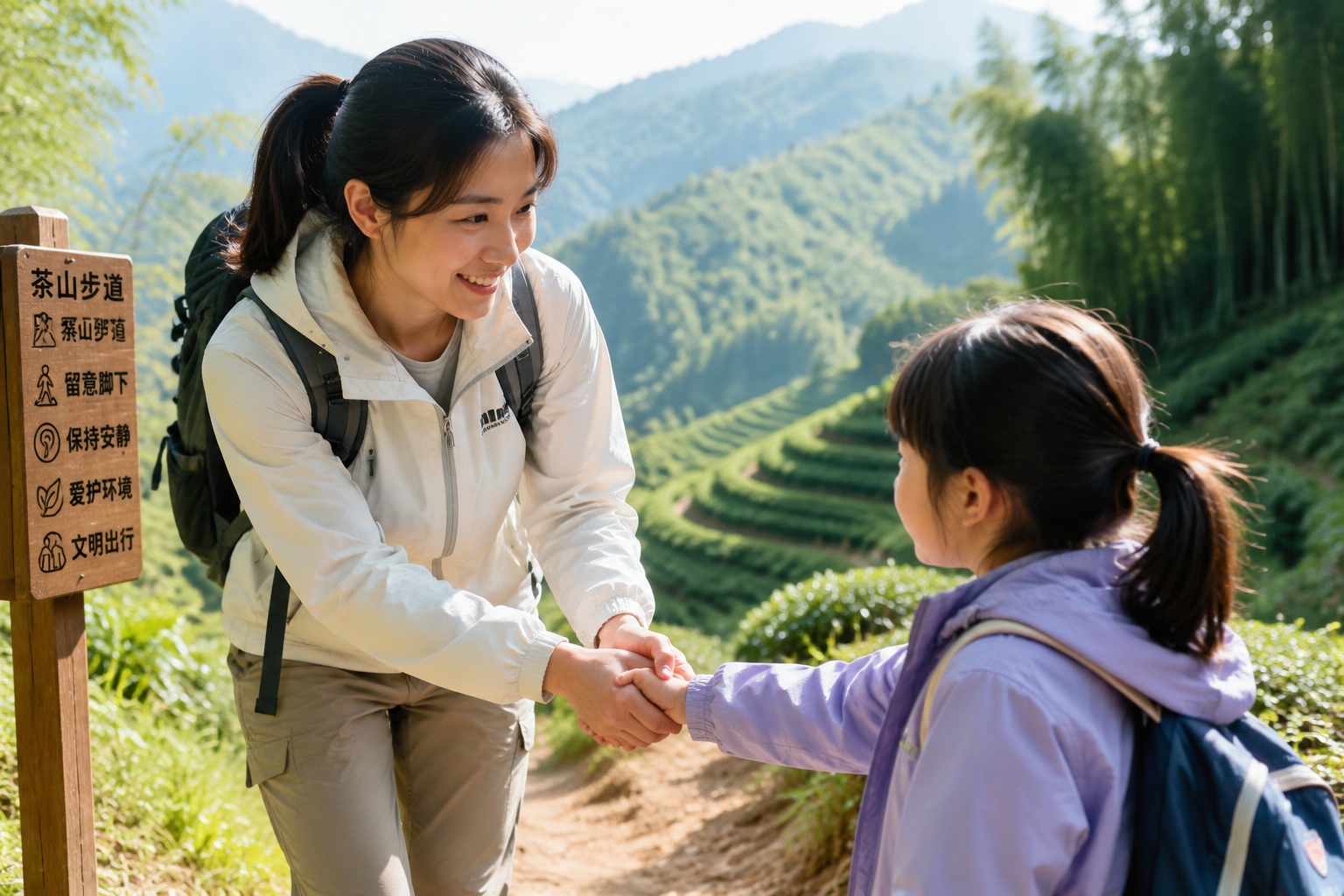 Teacher Li Mei holding a young student's hand on a muddy mountain path to school, Yunnan, China