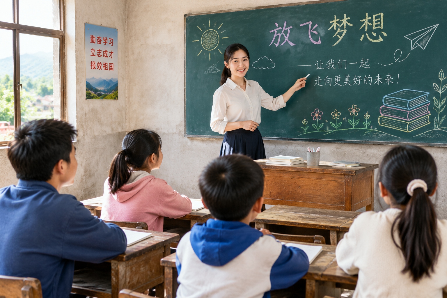 Mountain village classroom with teacher and multi-grade students during a vocabulary lesson, blackboard with chalk drawings
