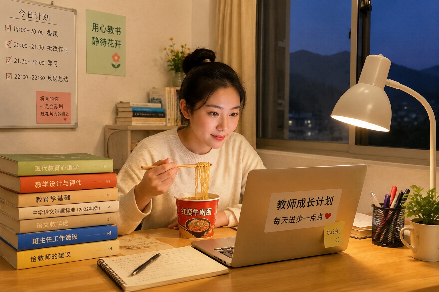 Teacher Li Mei planning lessons on her laptop at night in her rented room, village mountain scenery visible through window