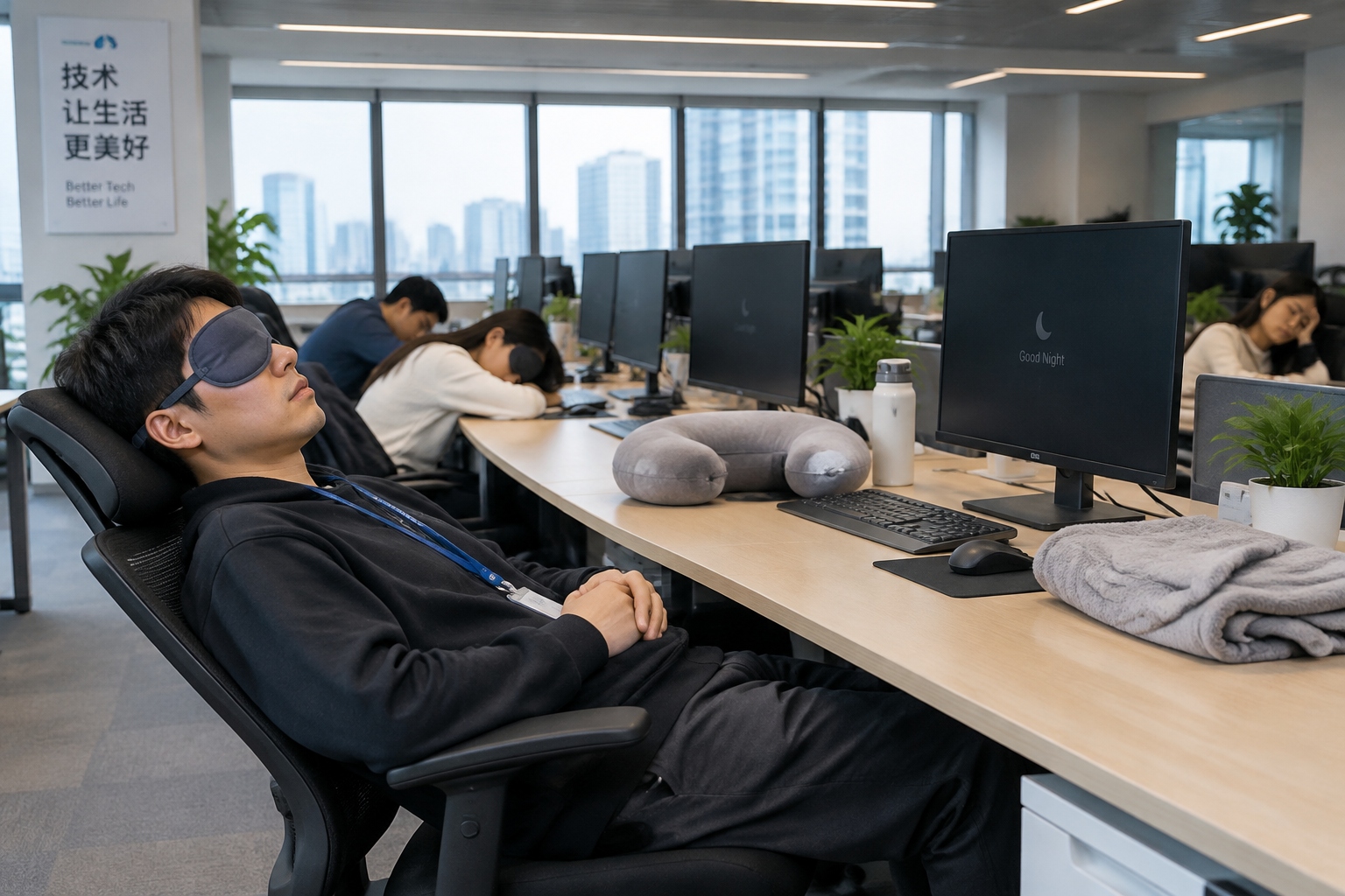 Employees napping at their desks in a dimly lit Chinese open-plan office during the noon rest hour