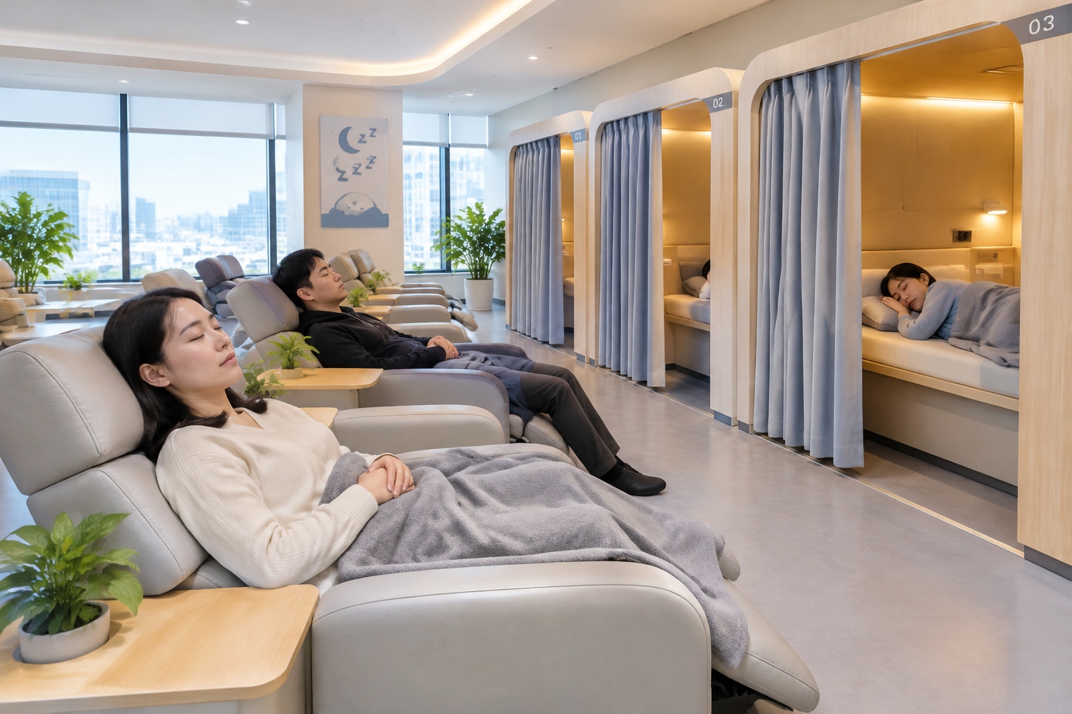 A dedicated nap room with recliners and curtained pods inside a Chinese tech company office