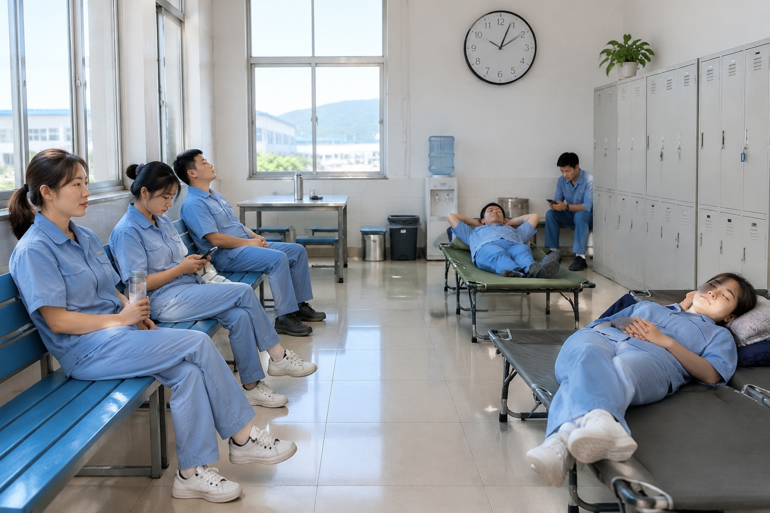 Factory workers resting in a break room during the midday nap period in a southern China manufacturing plant