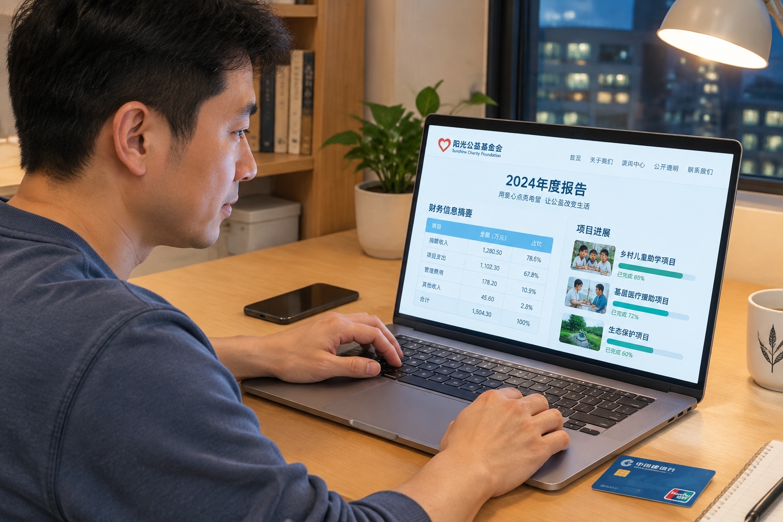 A donor at home checking a Chinese charity foundation's published annual report and project spending tables on a laptop.