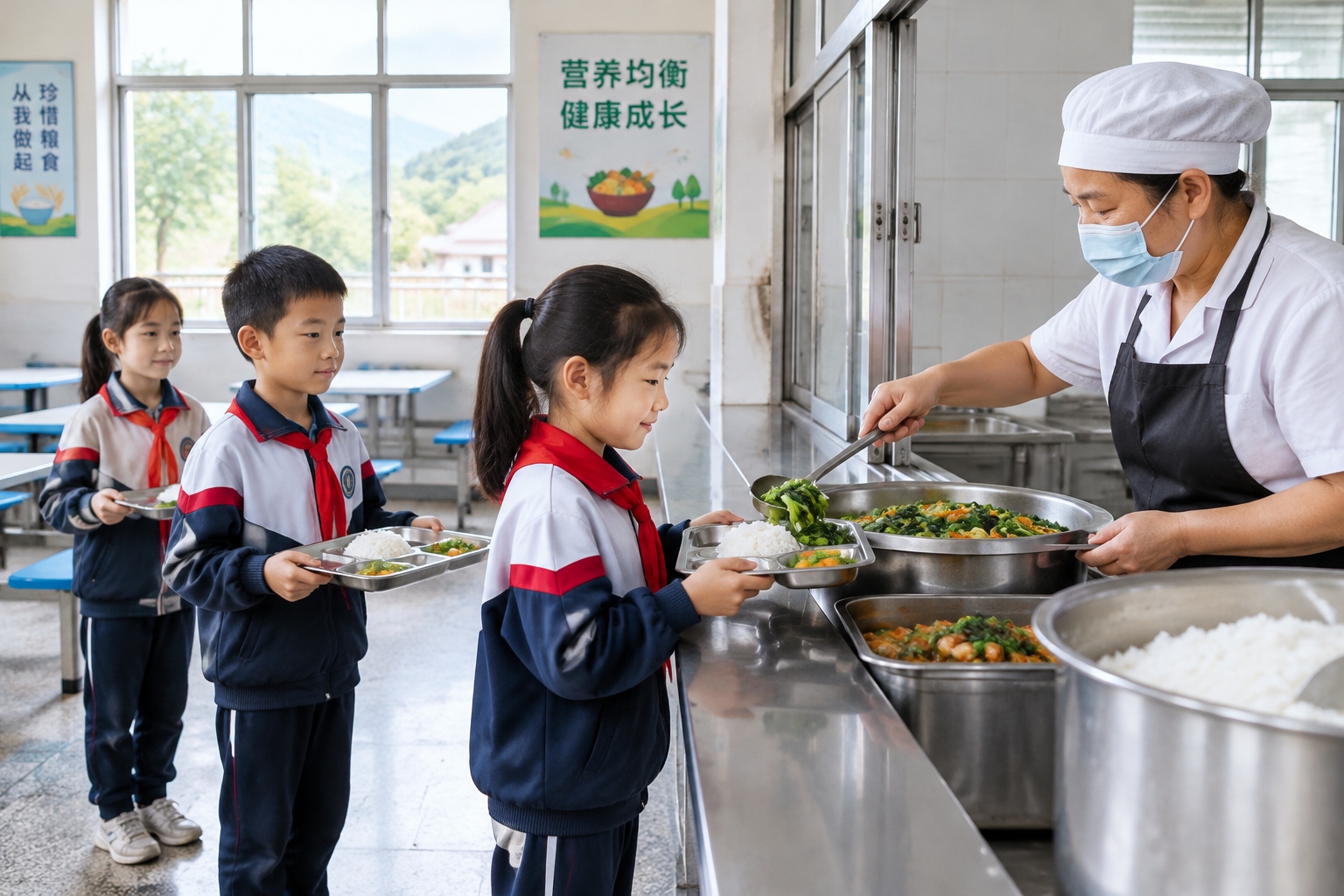 Children carrying trays of hot rice and vegetables in a rural school canteen in southwest China, funded by a public meal donation programme.