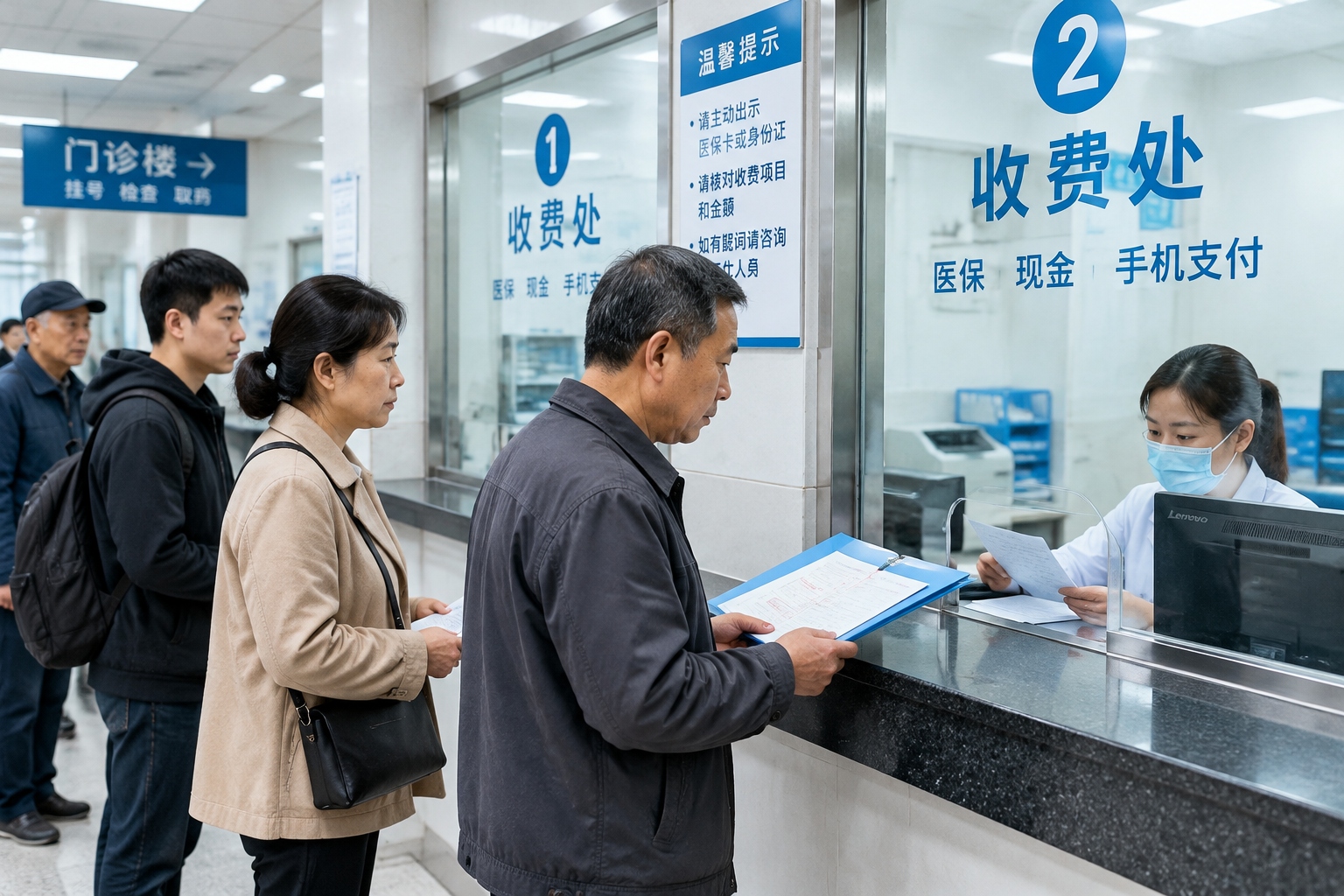 A family member holding medical bills and identity documents at a hospital payment counter in China before withdrawing crowdfunded treatment money.