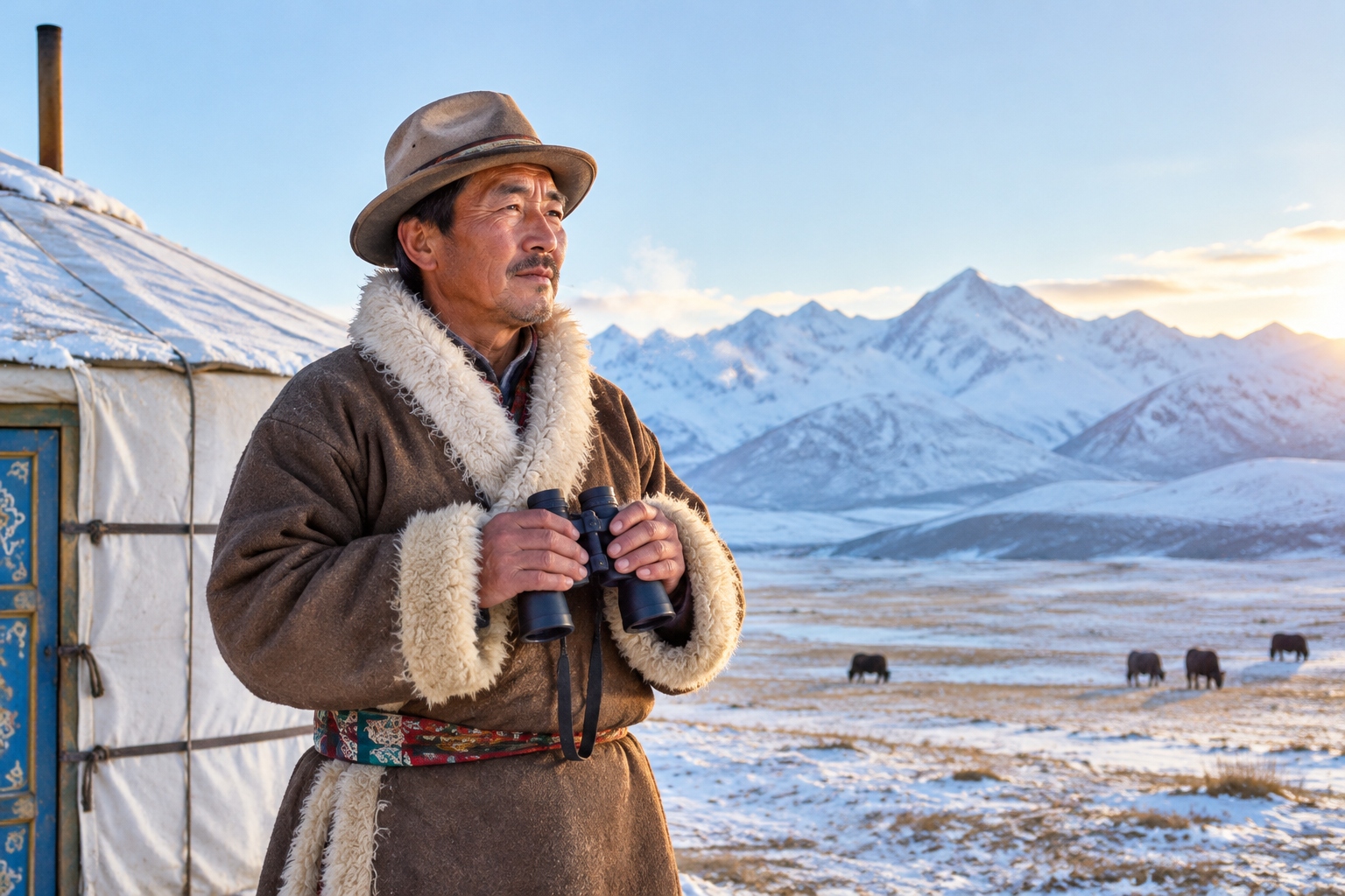 Tibetan herder Dorje scanning for snow leopards at dawn in Sanjiangyuan National Park, Qinghai Province, China