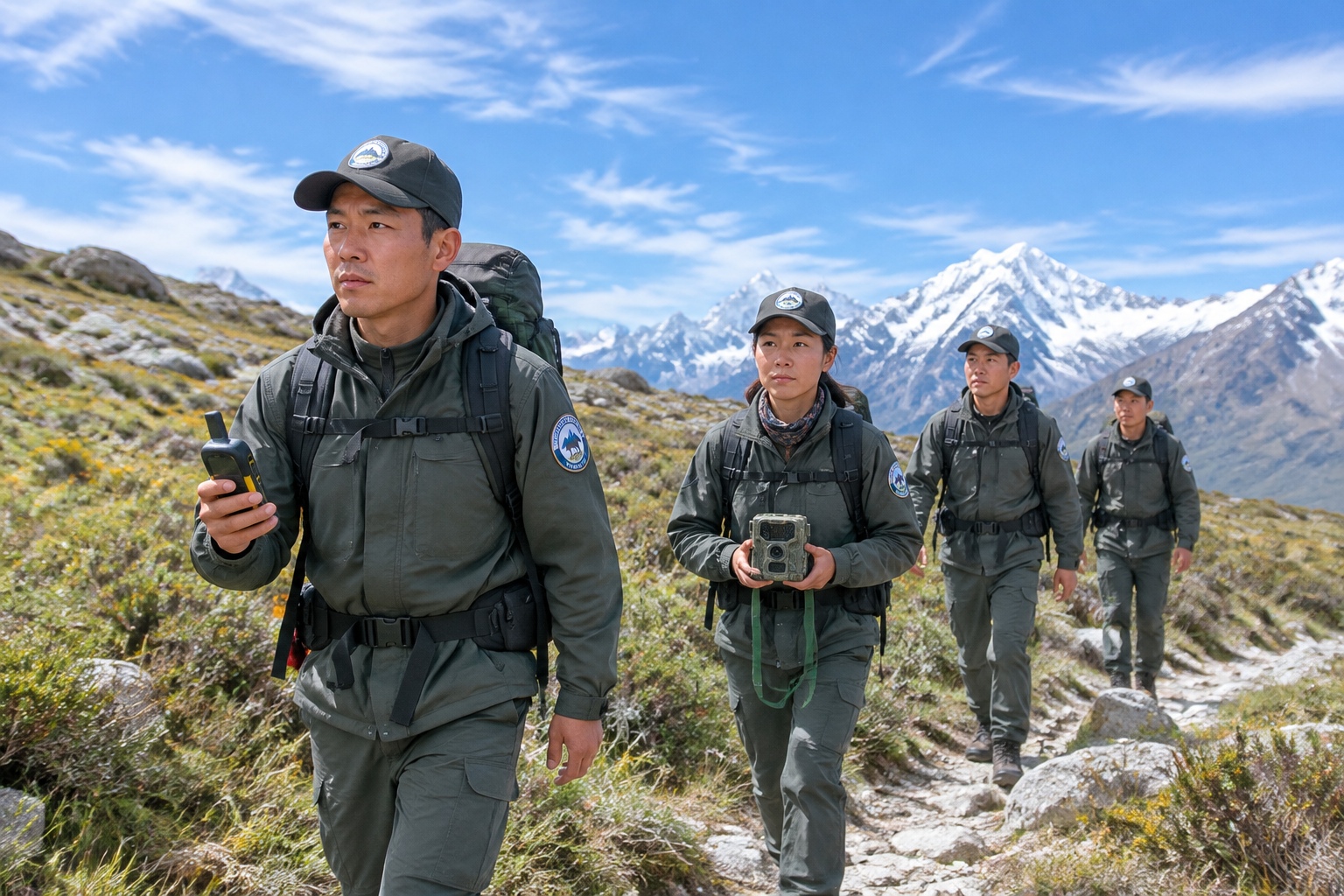 Wildlife rangers conducting a snow leopard patrol in Sanjiangyuan National Park, using GPS and camera traps for monitoring