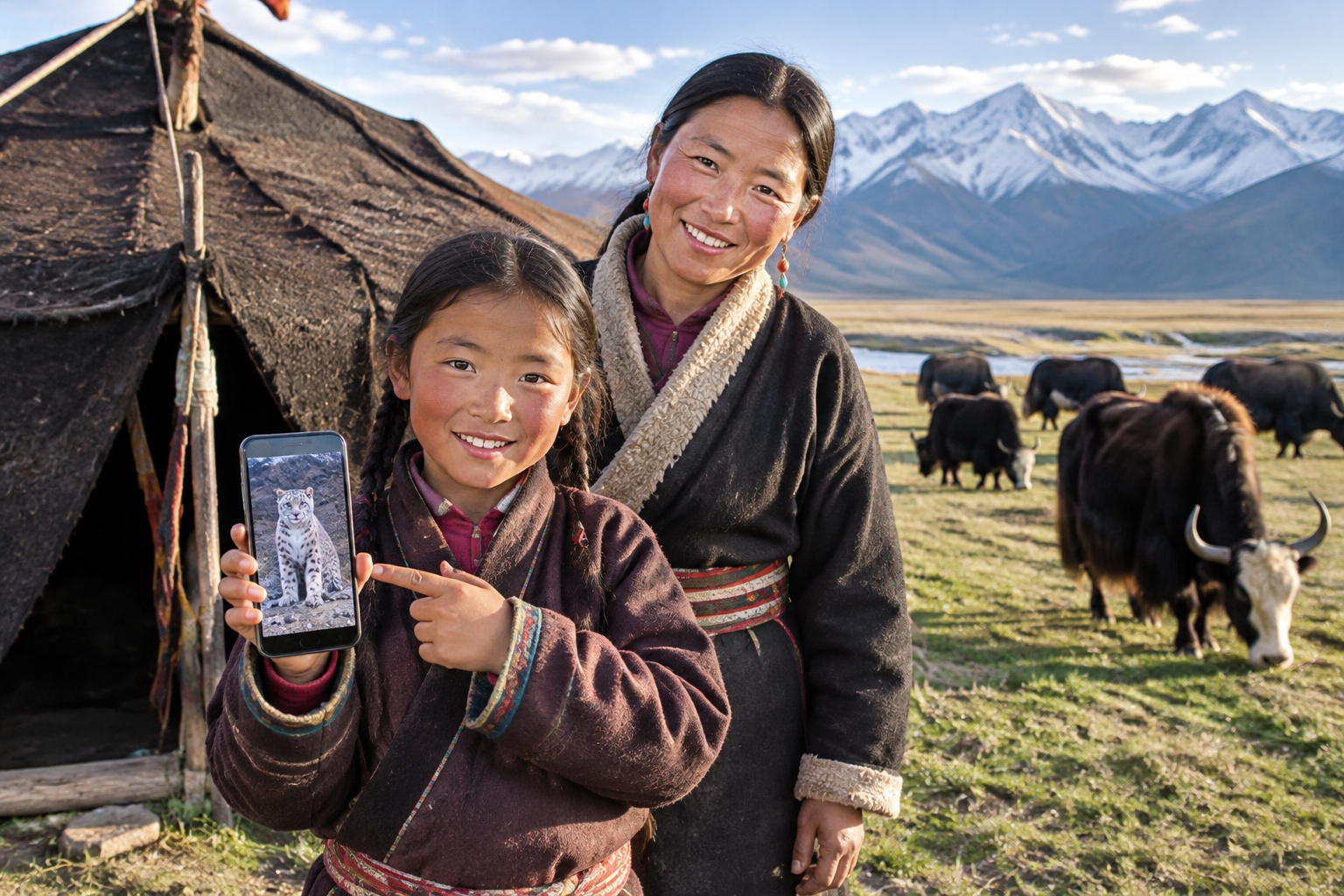 Tibetan herder family in Sanjiangyuan showing a snow leopard photo on a smartphone, demonstrating community engagement in conservation