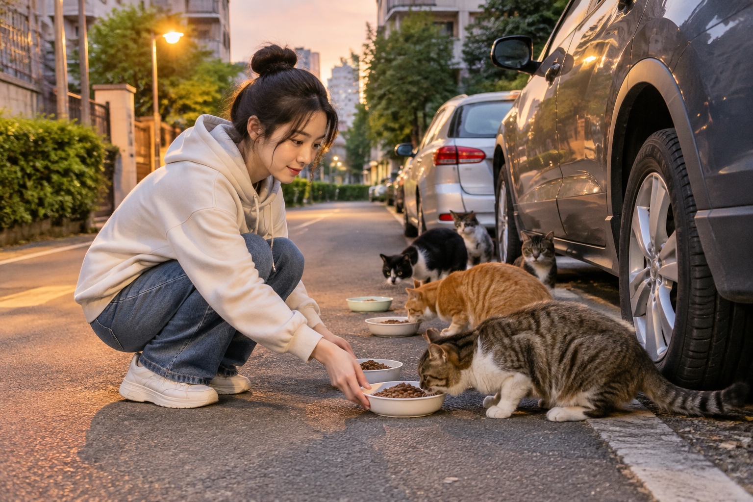 A young woman crouching to feed stray cats under parked cars in a Chinese residential alley at dusk