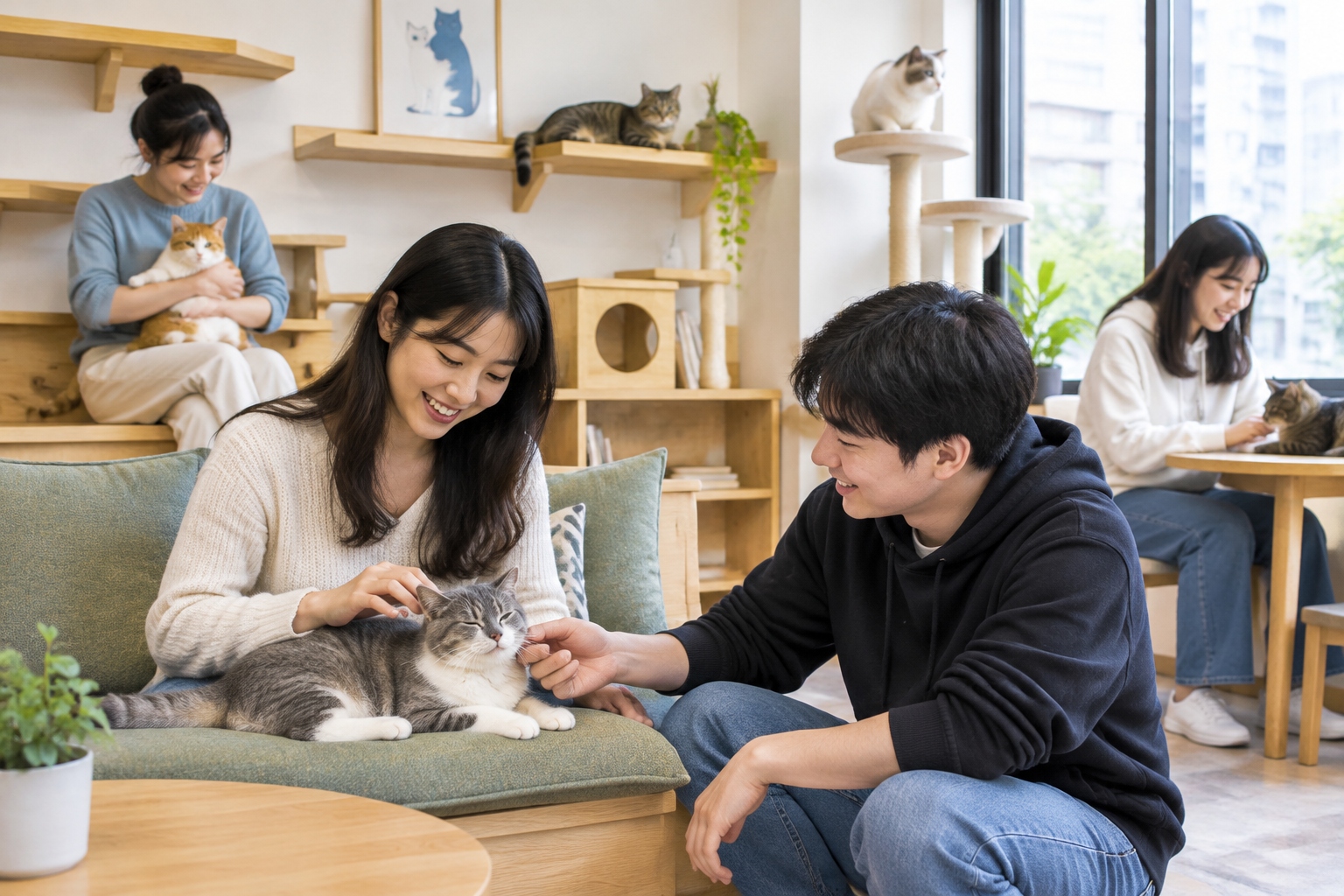 Young customers relaxing and petting rescue cats inside a bright cat café in a Chinese city