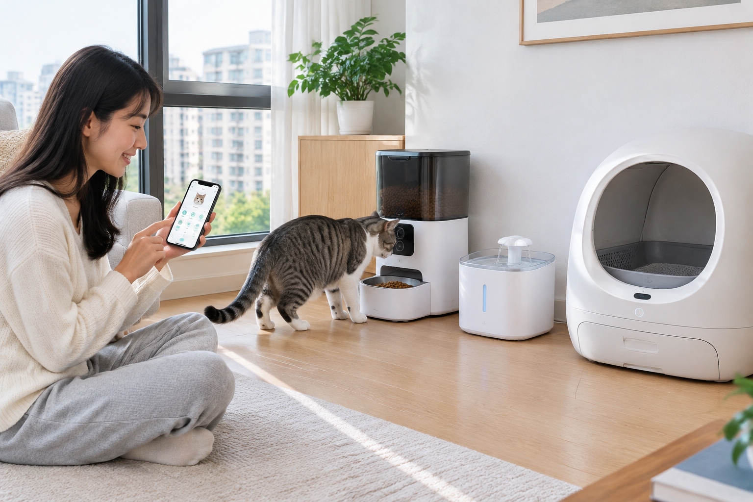 A cat inspecting a smart automatic feeder and water fountain in a modern Chinese apartment