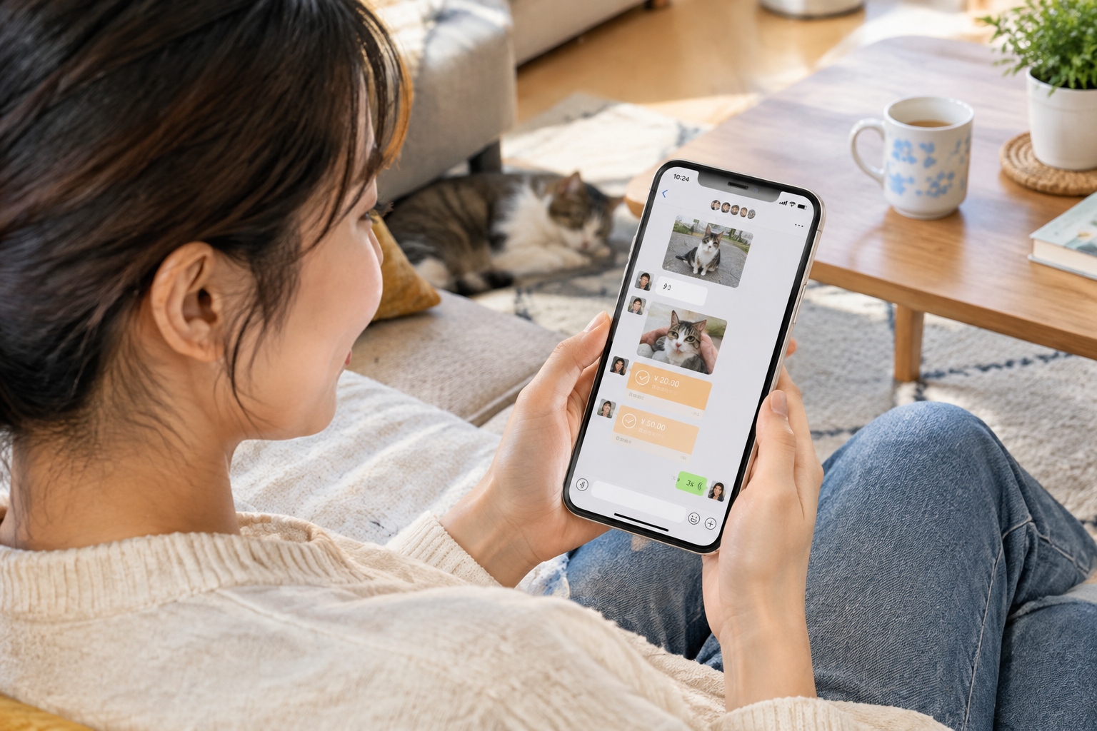 A smartphone showing a group chat where members share photos of a stray cat and pool small donations