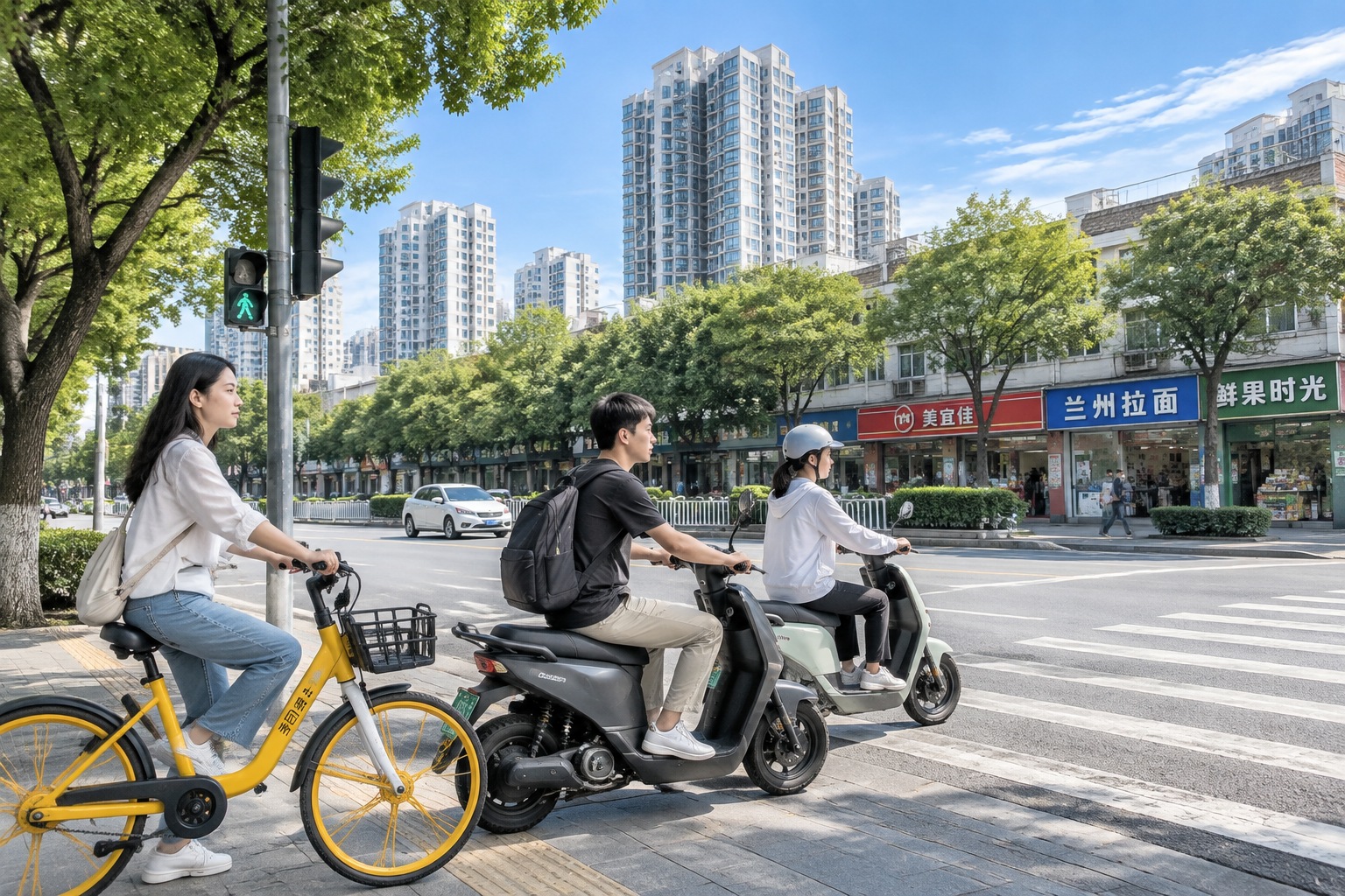 Cyclists and electric scooter riders waiting at a tree-lined Shenzhen street crossing under a clear blue sky