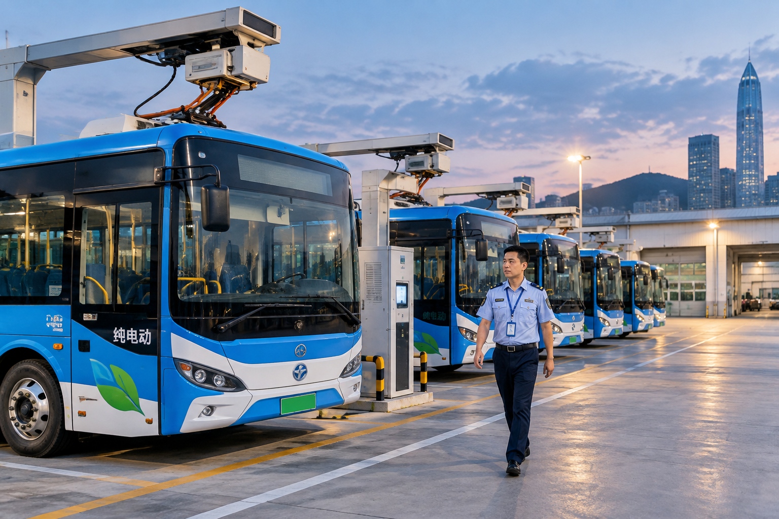 Rows of blue and white electric buses charging at a Shenzhen depot in the evening