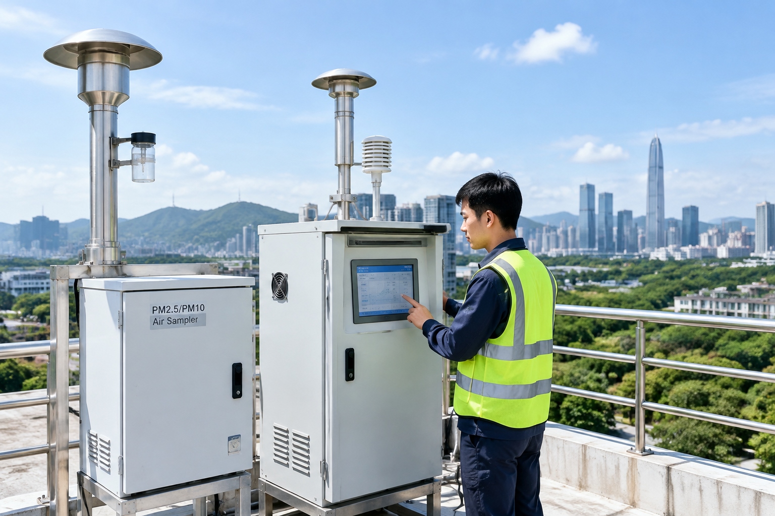 A technician checking instruments at a rooftop air quality monitoring station in Shenzhen with city towers in the background