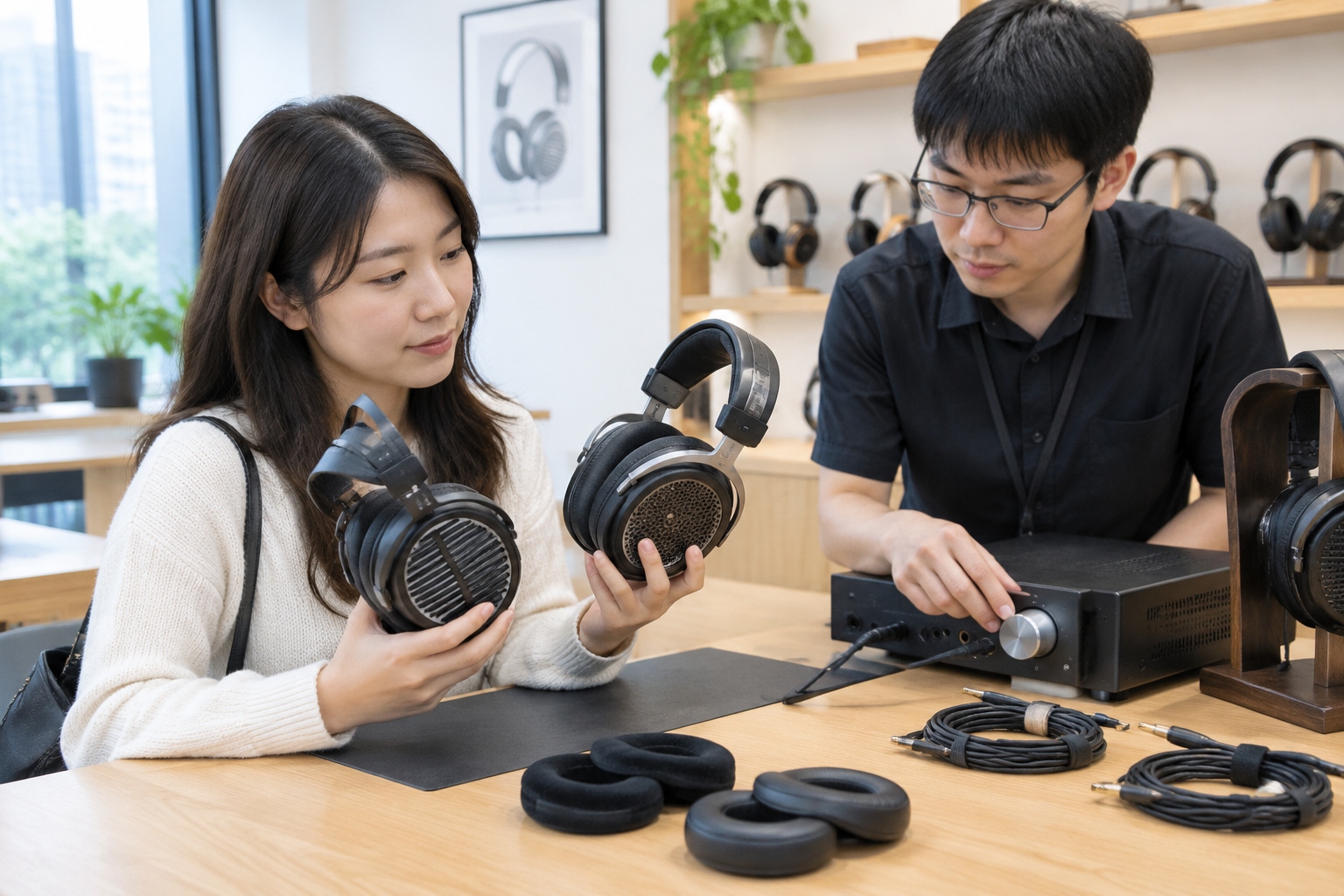 A customer compares open-back planar magnetic headphones at a specialist audio shop in China.